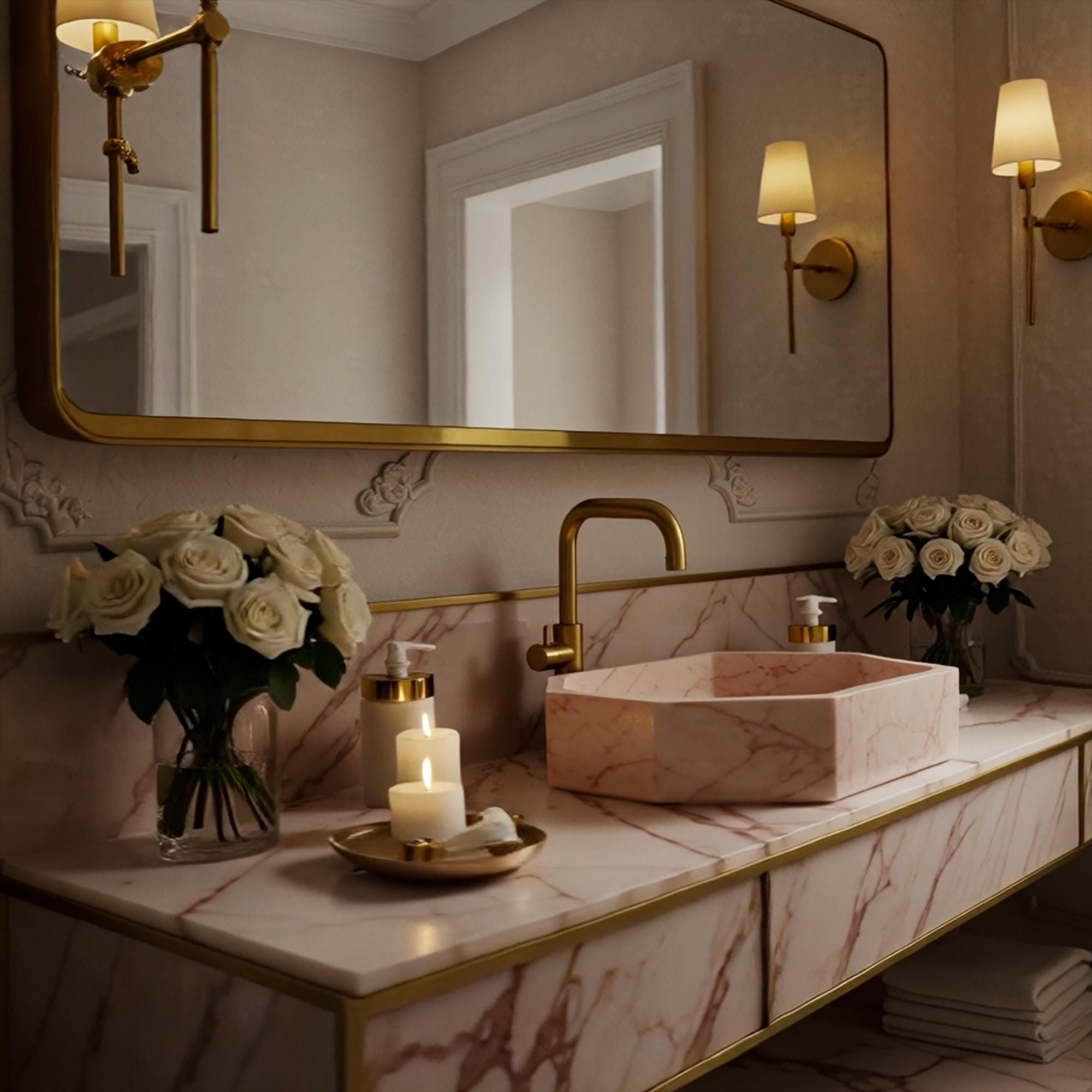 A Rosa Portogallo marble octagonal vessel sink styled with brass accents, candles, and florals in a serene, spa-like bathroom.
