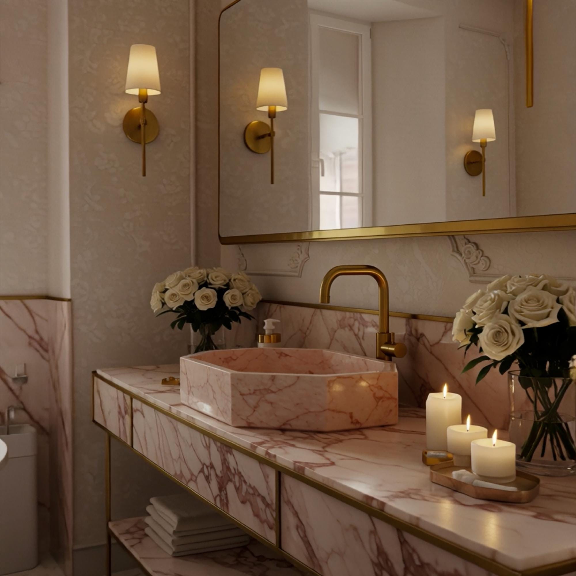 A Rosa Portogallo marble vessel sink crafted from natural stone, featuring an octagonal form and brass console in a refined luxury setting.
