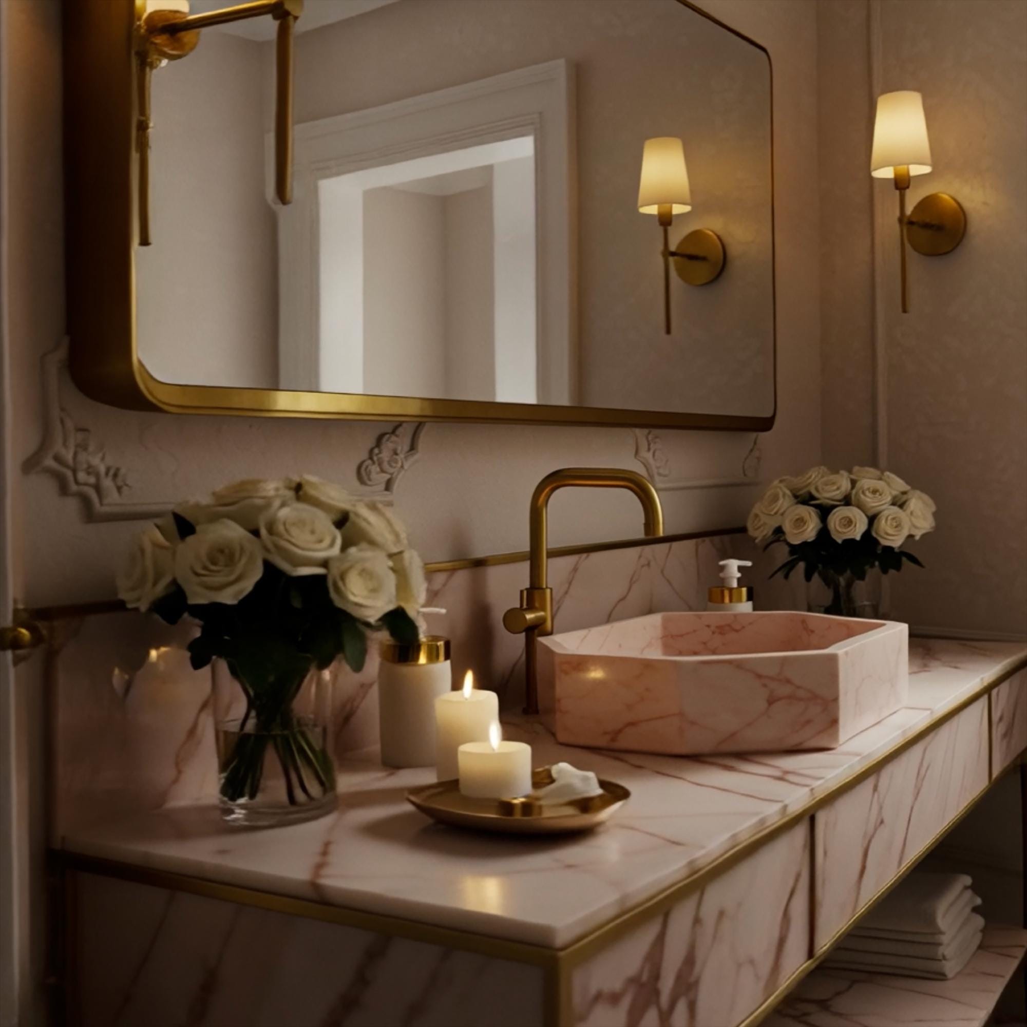 A sculptural Rosa Portogallo marble octagonal sink with subtle pink tones, elevated on a brass console in a timeless interior.
