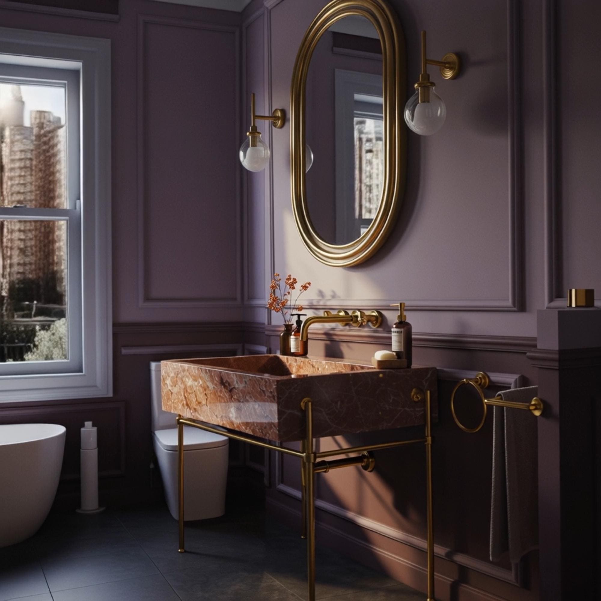 A bathroom sink carved from Rosa Tea marble, paired with elegant brass legs for a timeless and graceful look.