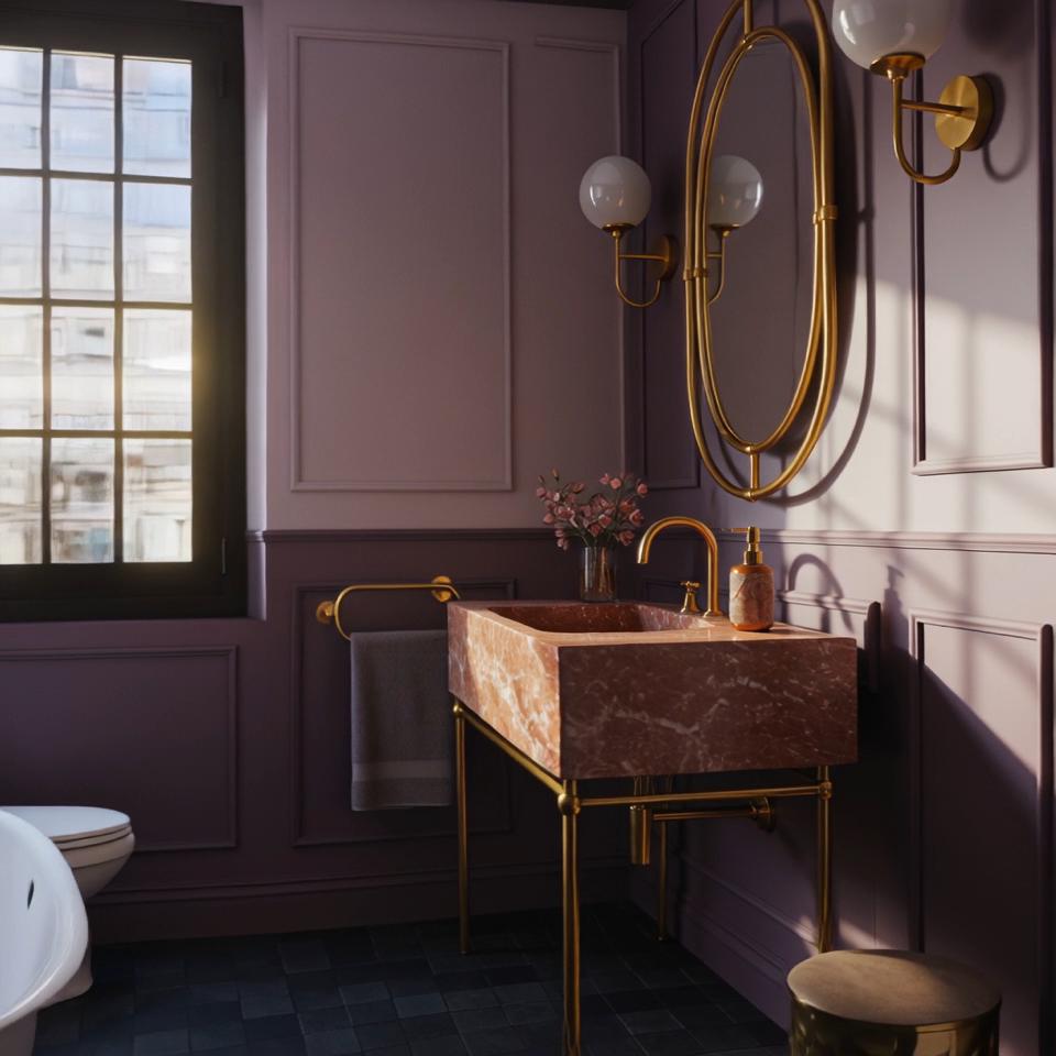 A sculptural Rosa Tea pink marble console sink with clean geometry, elevated on a minimalist brass frame.
