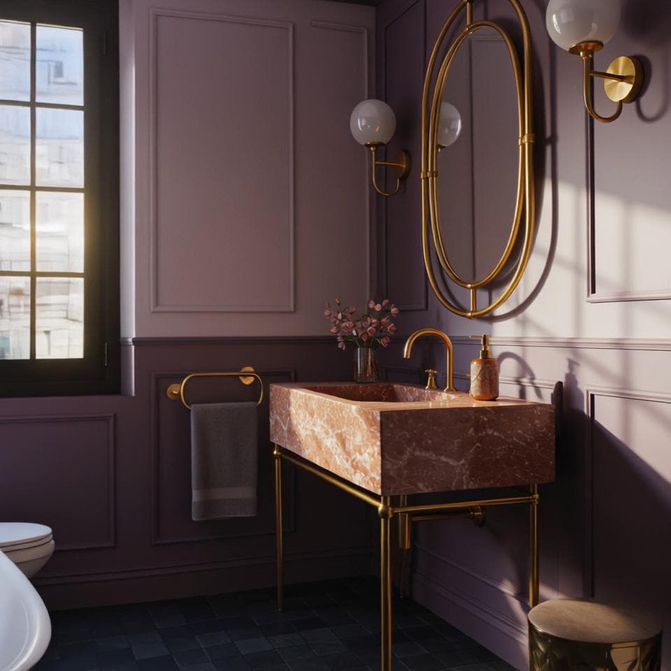 A Rosa Tea pink marble console sink styled with brass fixtures, creating a soft yet striking focal point in a refined interior.
