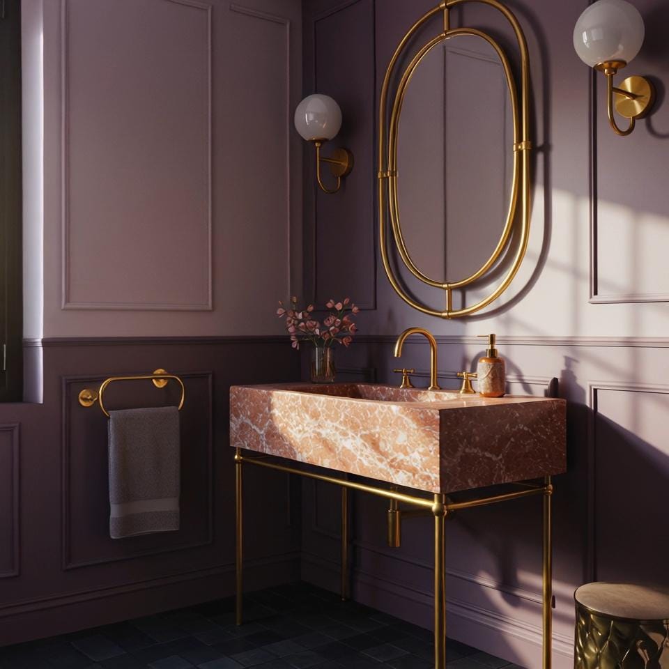 A Rosa Tea pink marble console sink on a brass stand, offering a timeless and architectural bathroom statement.
