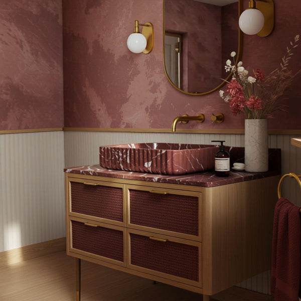 Rosso Levanto Marble Vanity (Rattan Cabinet & Fluted Vessel Sink) M9F68 hover