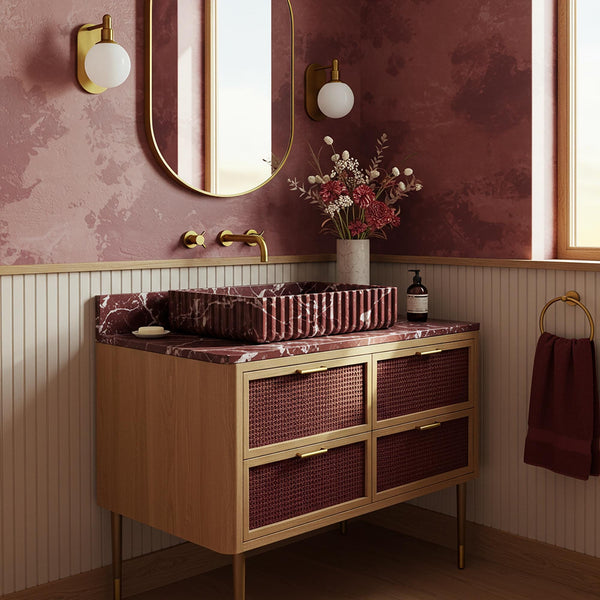 Rosso Levanto Marble Vanity (Rattan Cabinet & Fluted Vessel Sink) M9F68