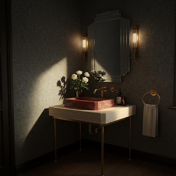 Rosso Levanto Marble Vessel Sink on Travertine Console (Brass Legs) M9M63