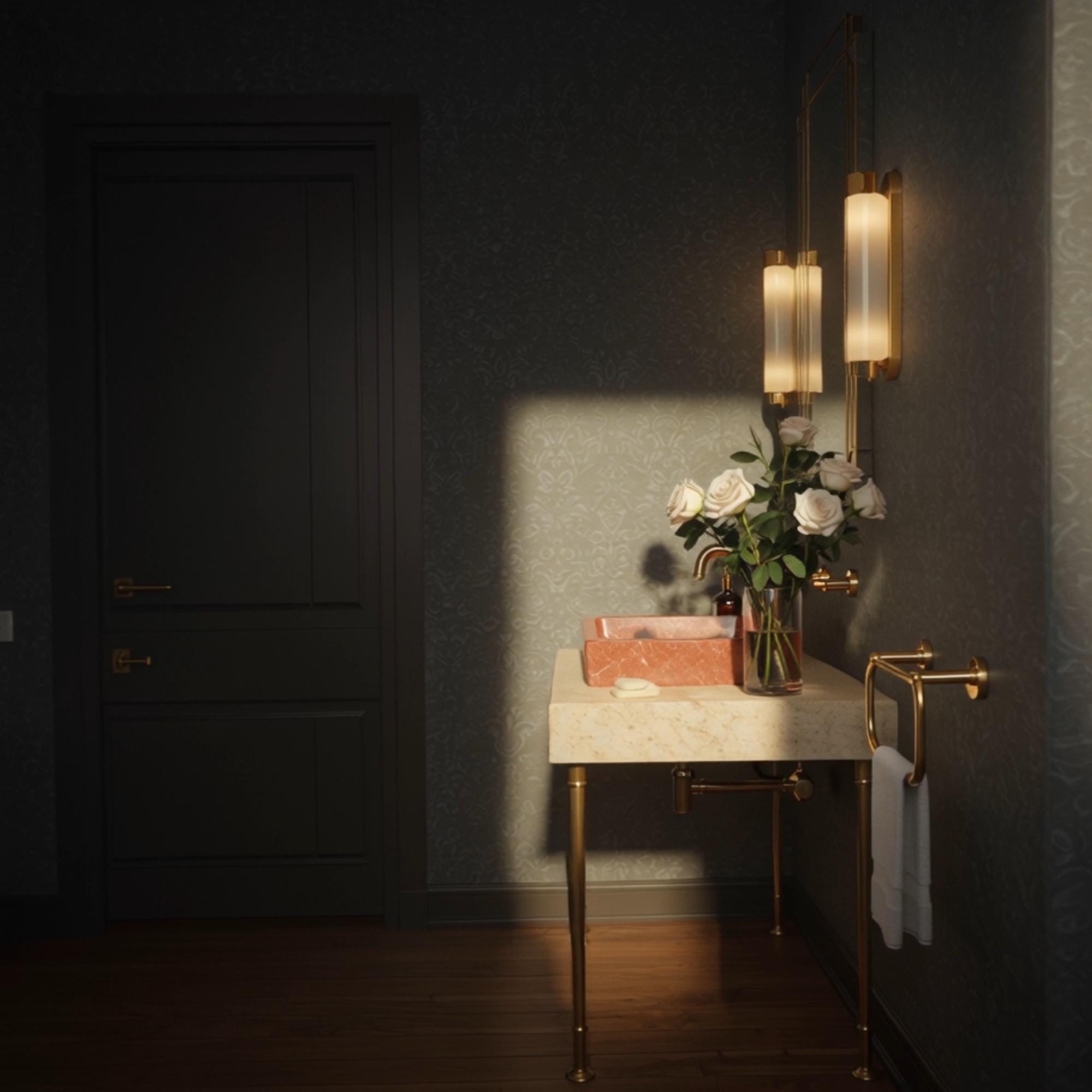 An elegant vessel sink carved from Rosso Levanto marble sits atop a stone console for a warm, refined look.