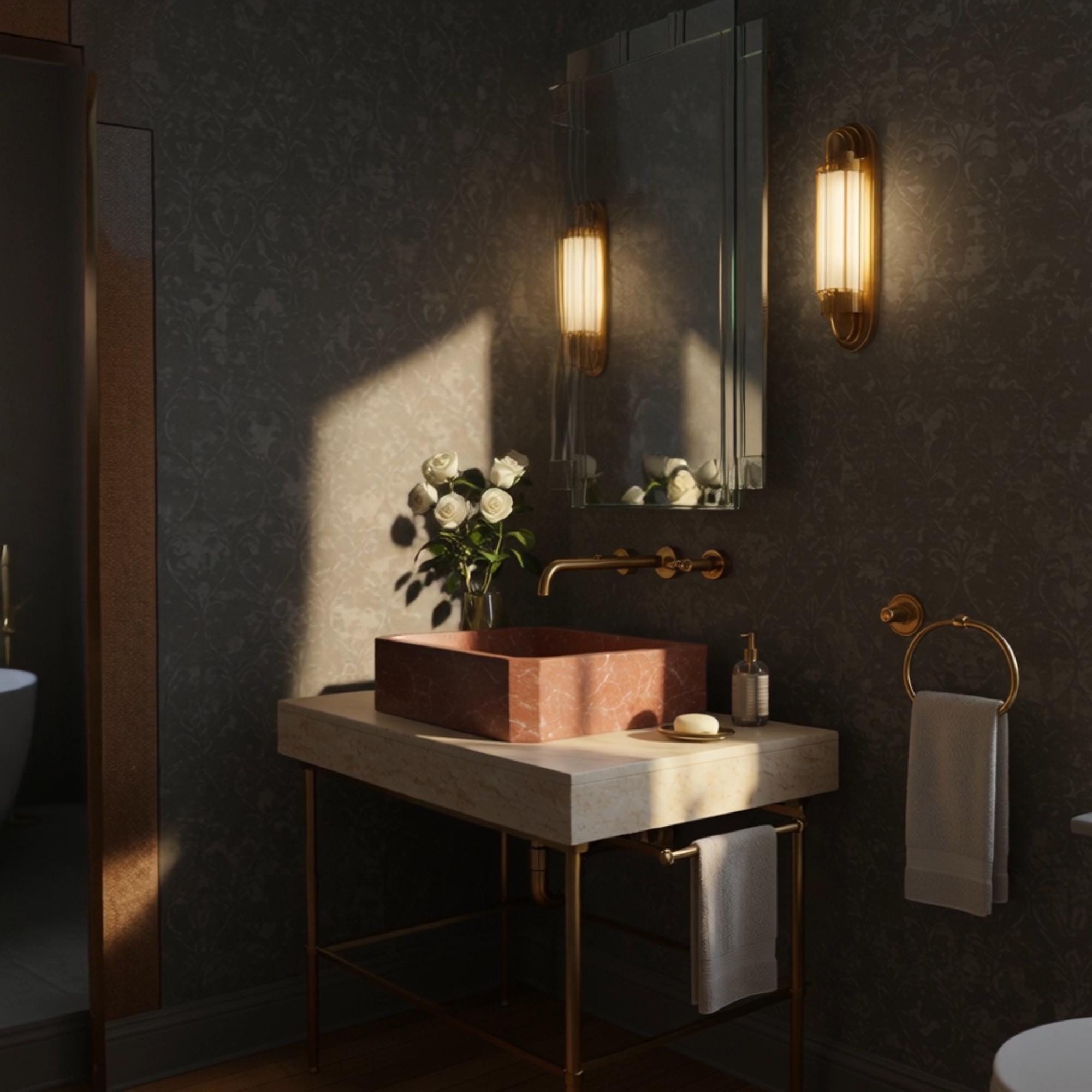 A vessel sink in Rosso Levanto marble sits atop a travertine vanity with a brass rail, designed for elegant everyday living.