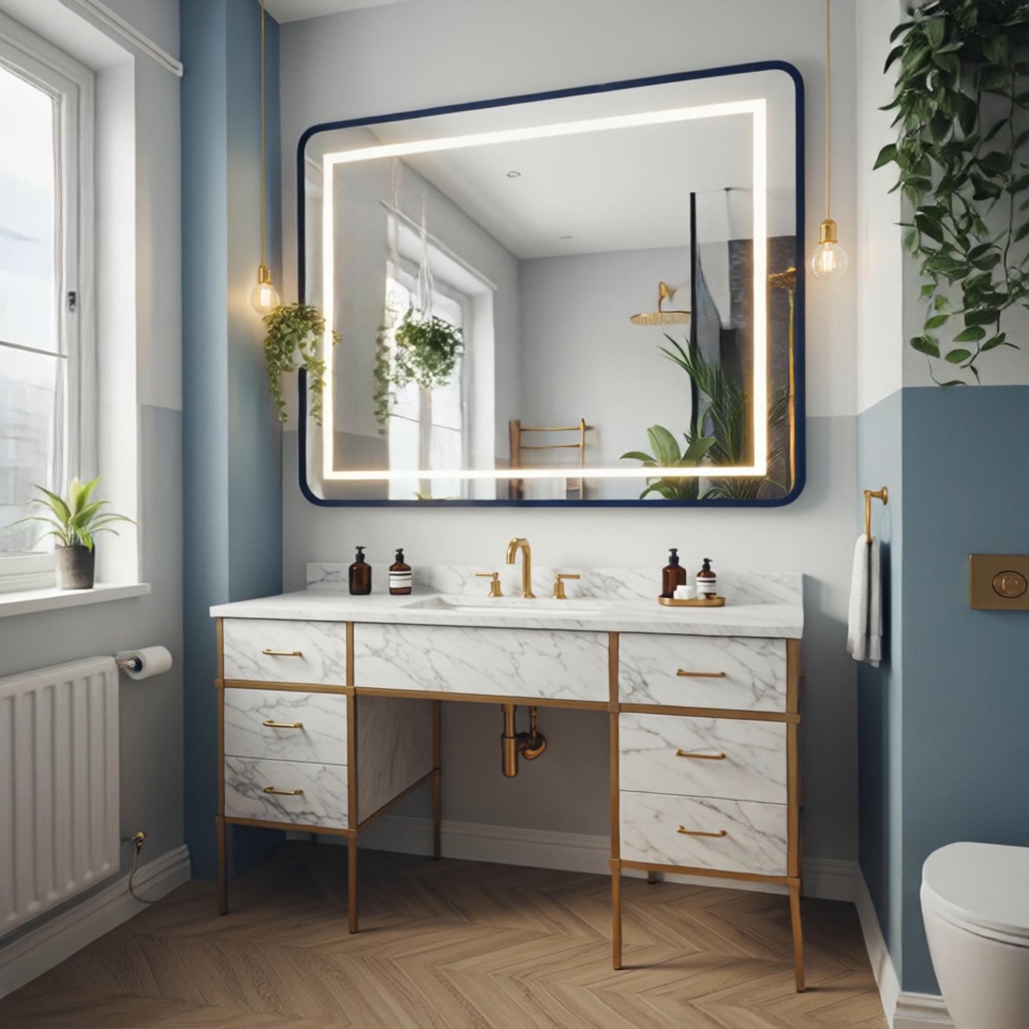 An exquisite Carrara marble vanity with stone drawers and brass details, ideal for luxurious interior design lovers.
