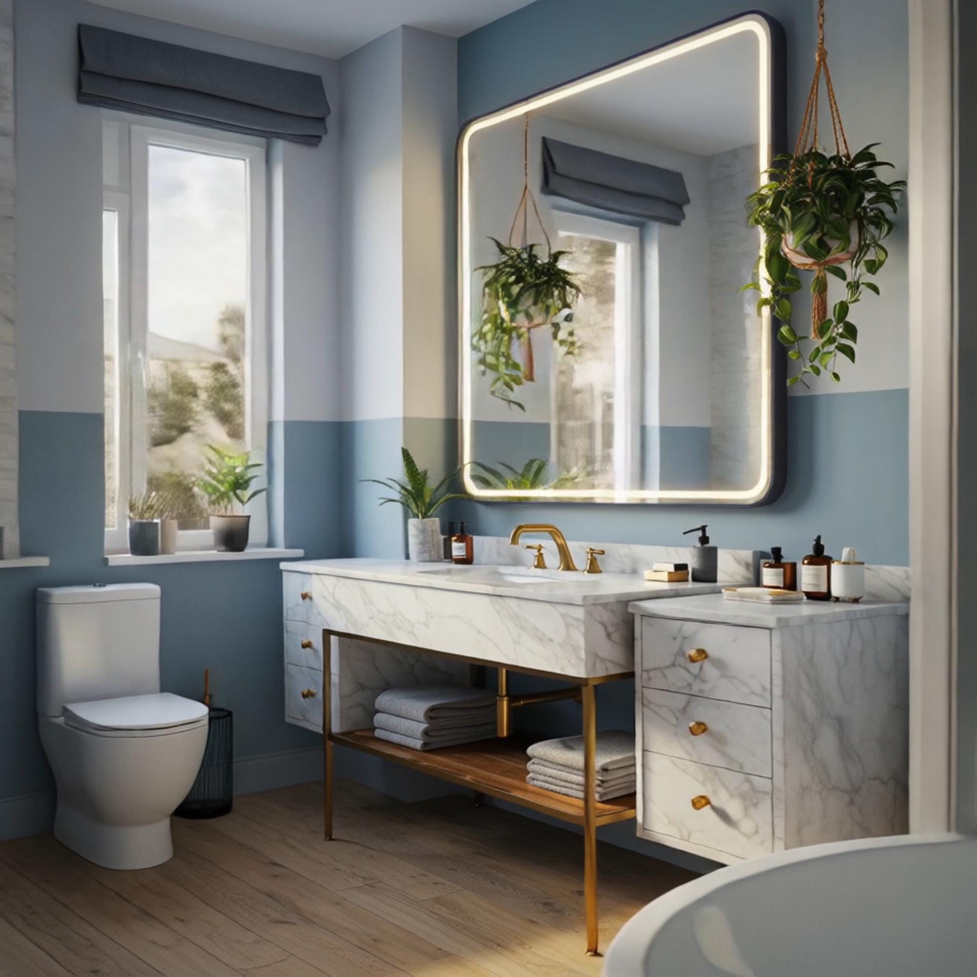 This stone-drawer vanity pairs classic Carrara marble with a gold leg base, designed for sophisticated modern bathrooms.