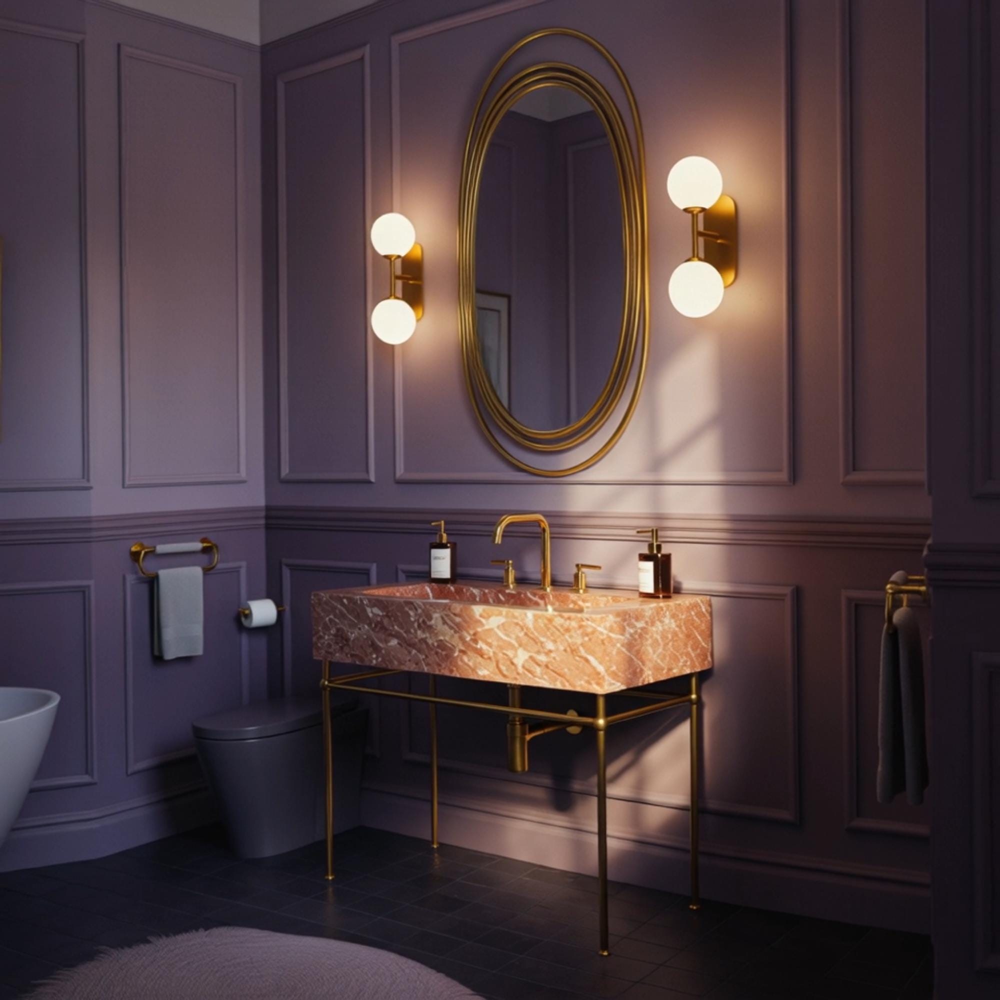 Crafted from tea rose marble, this vanity sink with brass detailing brings boutique hotel vibes to luxury homes.