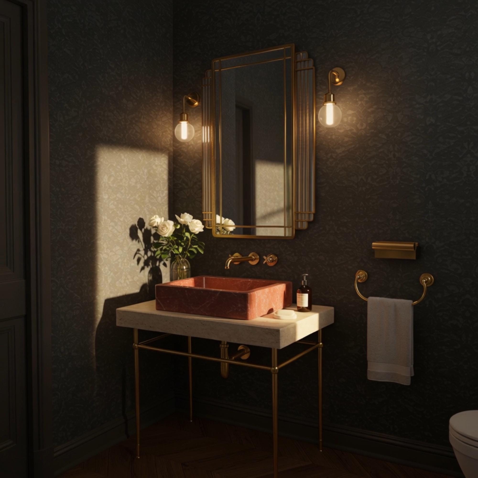 This travertine console paired with a Rosso Levanto sink brings a refined contrast to opulent interior designs.