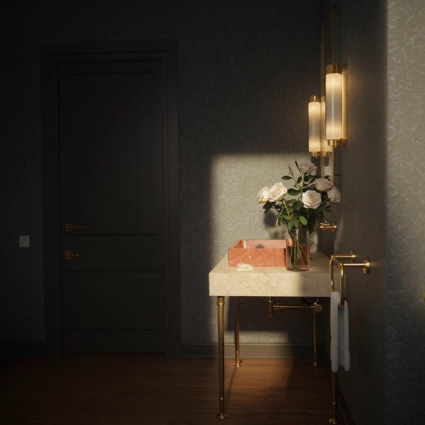 Rosso Levanto Marble Vessel Sink on Travertine Console (Brass Legs) M9M46 hover