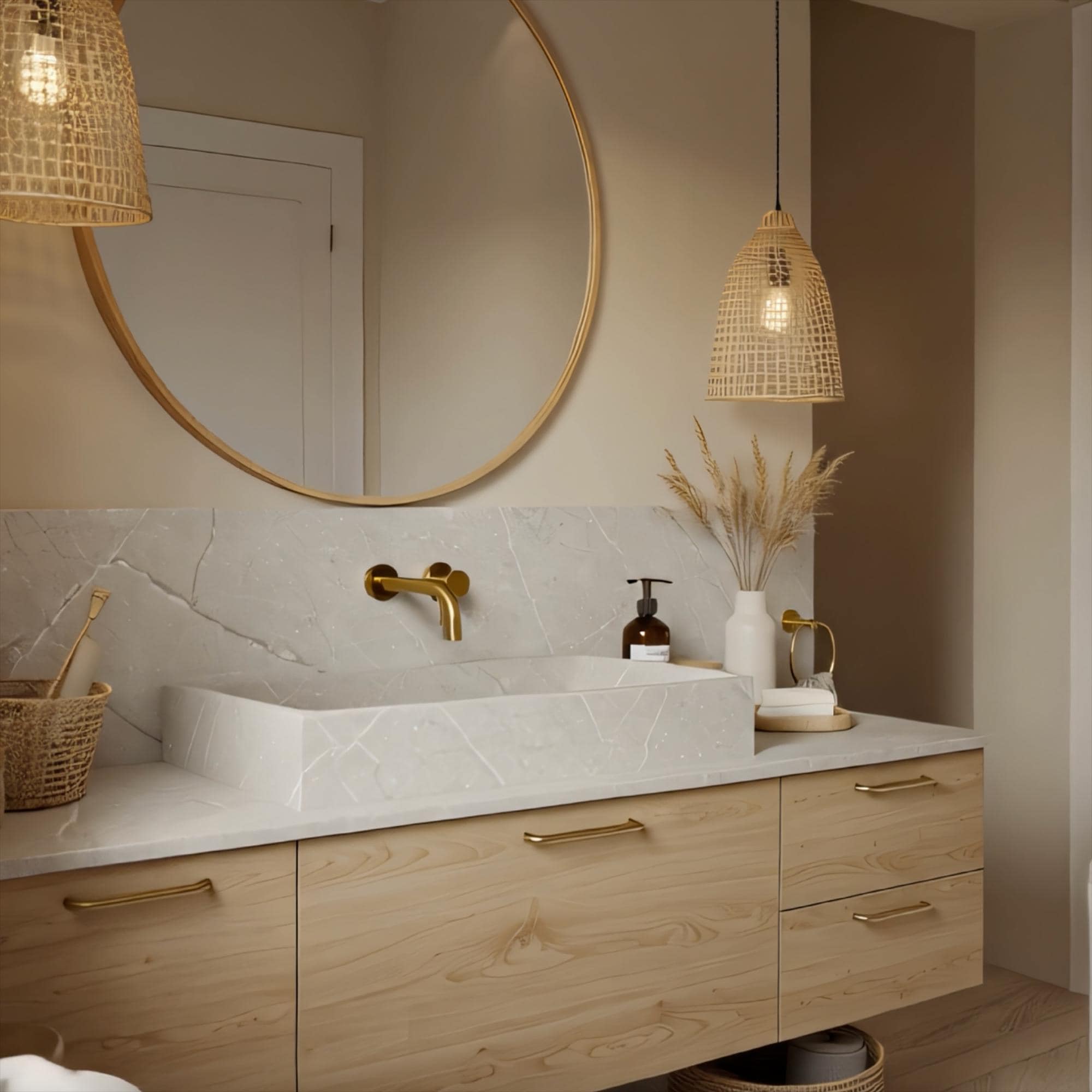 A Tundra Grey marble floating sink vanity styled with a block vessel basin, oak drawers, and brass accents in a serene, modern bathroom.

