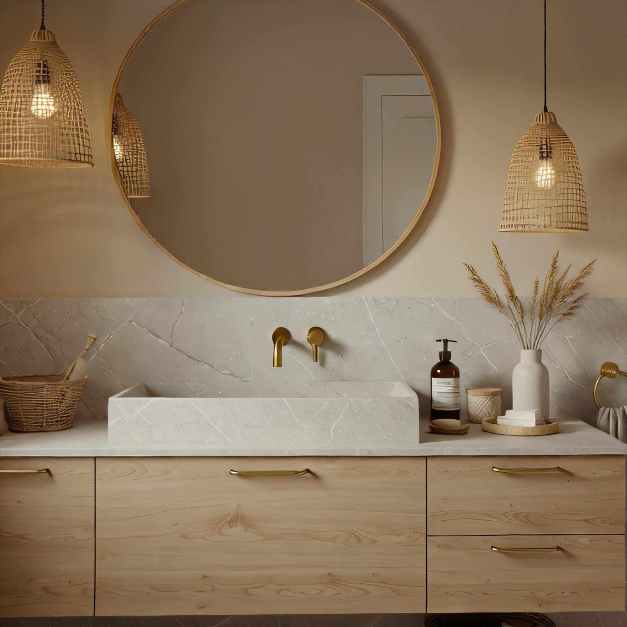A Tundra Grey marble wall-mounted vanity crafted from natural stone, paired with a block vessel sink and oak cabinetry in a refined luxury interior.
