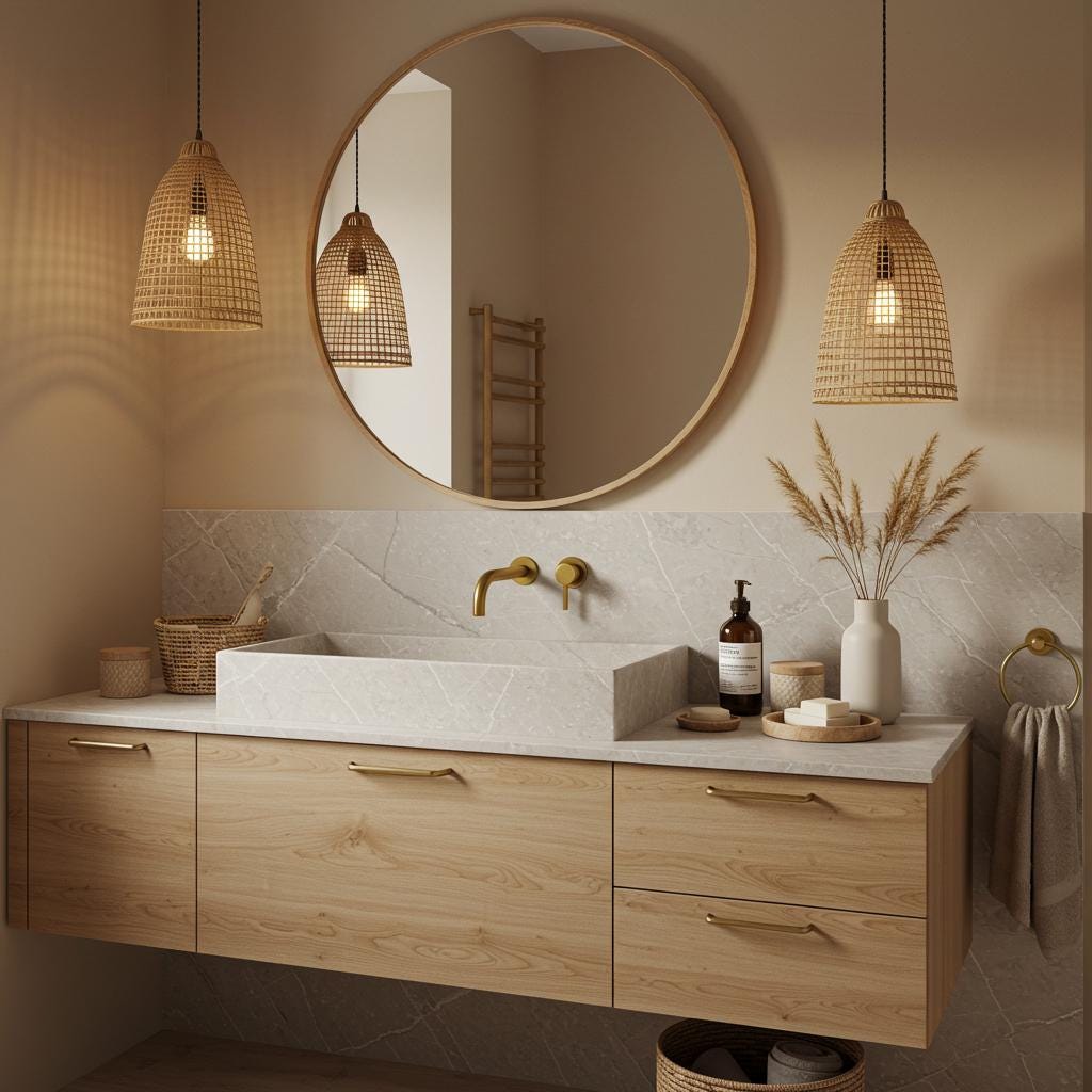 A Tundra Grey marble floating vanity with a block-style vessel sink, featuring subtle white veining and warm oak drawers with brass handles in a calm bathroom.
