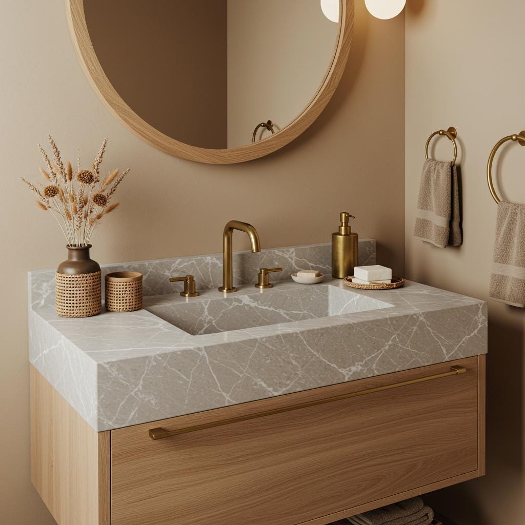 A Tundra Grey marble floating sink vanity styled with brass accents and natural accessories in a serene, modern bathroom.
