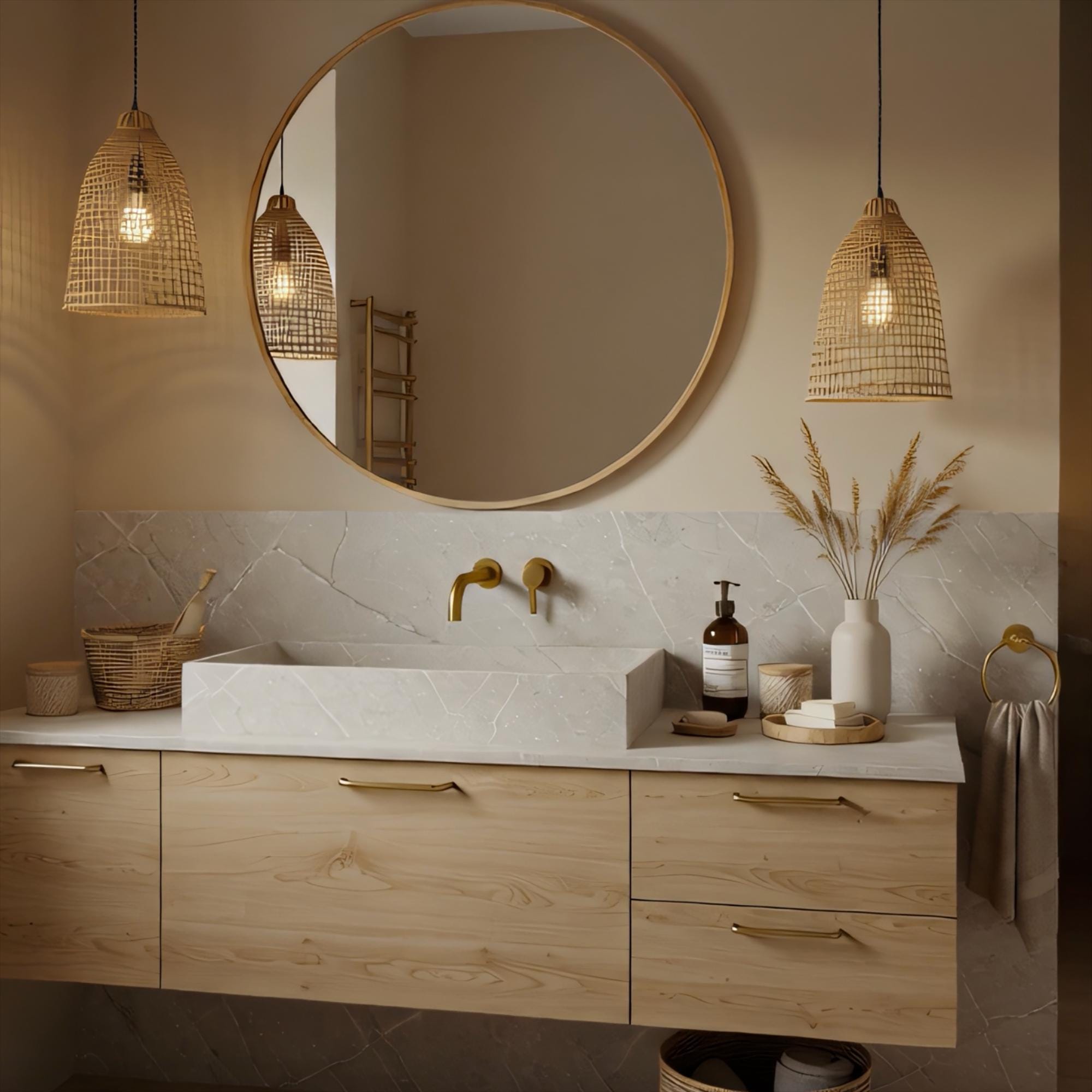 A sculptural Tundra Grey marble floating vanity with a block vessel sink, offering a timeless and understated bathroom design.

