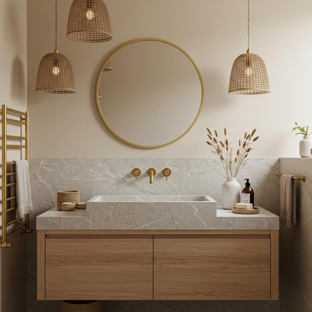 A Tundra Grey marble floating vanity with an integrated rectangular sink, featuring subtle veining and oak wood drawers in a calm, modern bathroom.
