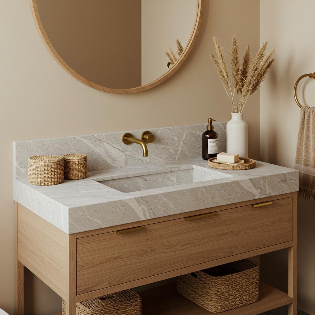 A Tundra Grey marble integrated sink vanity with soft linear veining, paired with an oak wood console and brass wall-mounted faucet in a calm bathroom setting.
