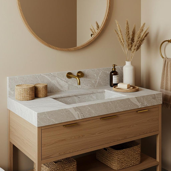 Tundra Grey Marble Integrated Sink Vanity (Oak Wood Console) M9F001