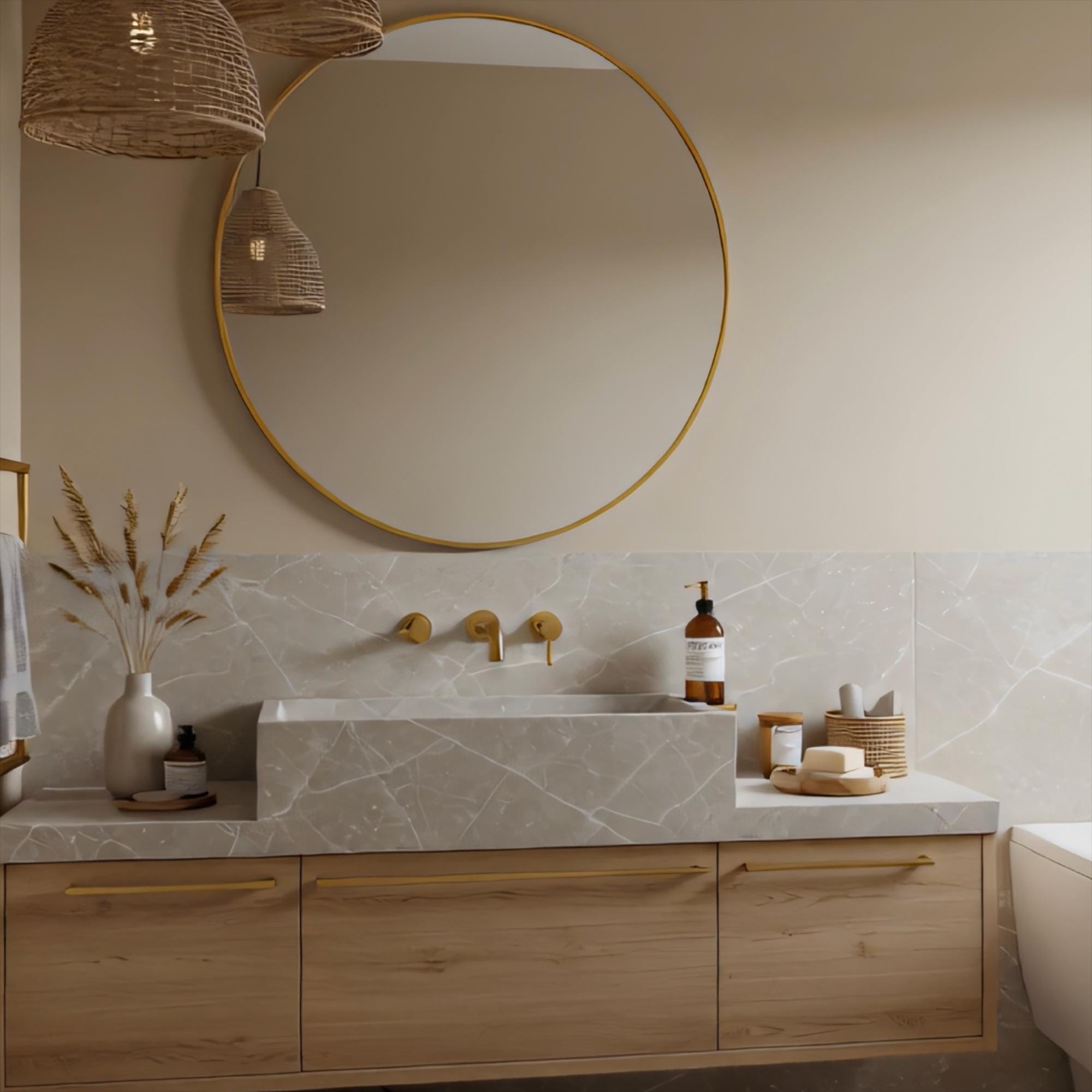 A Tundra Grey marble floating sink vanity styled with a stepped block basin, oak drawers, and brass accents in a serene, modern bathroom.
