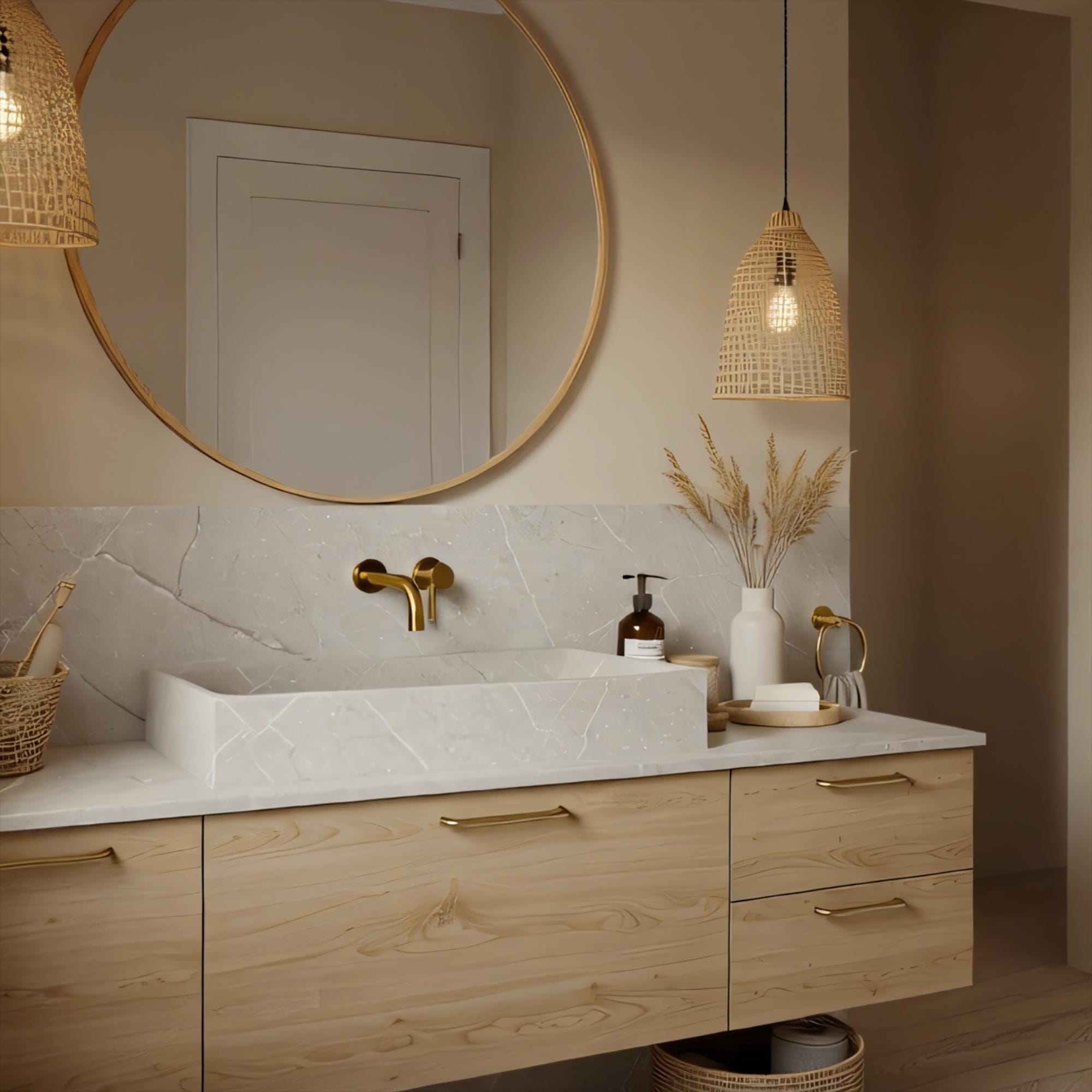 A floating Tundra Grey marble vanity with a sculpted block vessel sink, highlighting clean lines, soft stone texture, and warm wood details.
