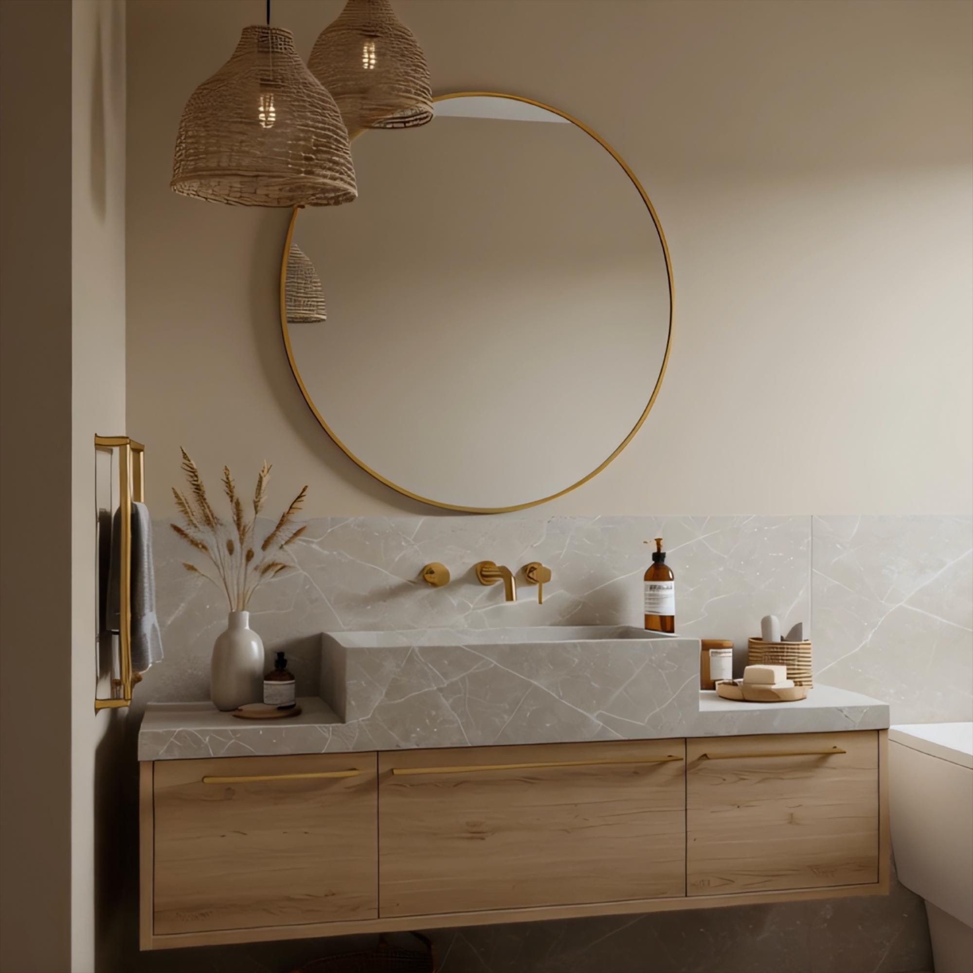 A Tundra Grey marble wall-mounted vanity crafted from natural stone, paired with a stepped block sink and warm oak cabinetry in a refined interior.
