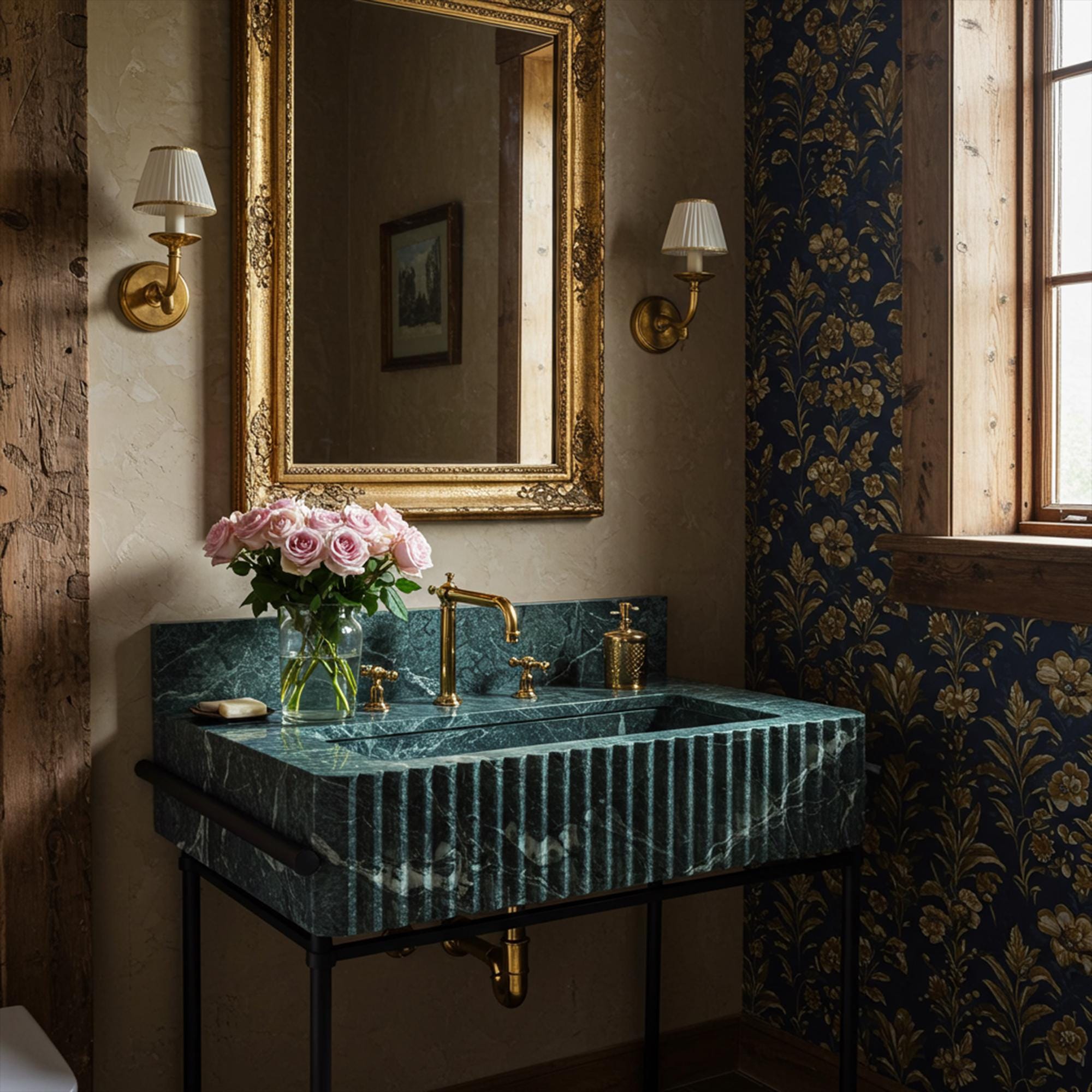 A bold Verde Guatemala marble console sink with fluted detailing and a sleek metal stand, designed for upscale interiors.
