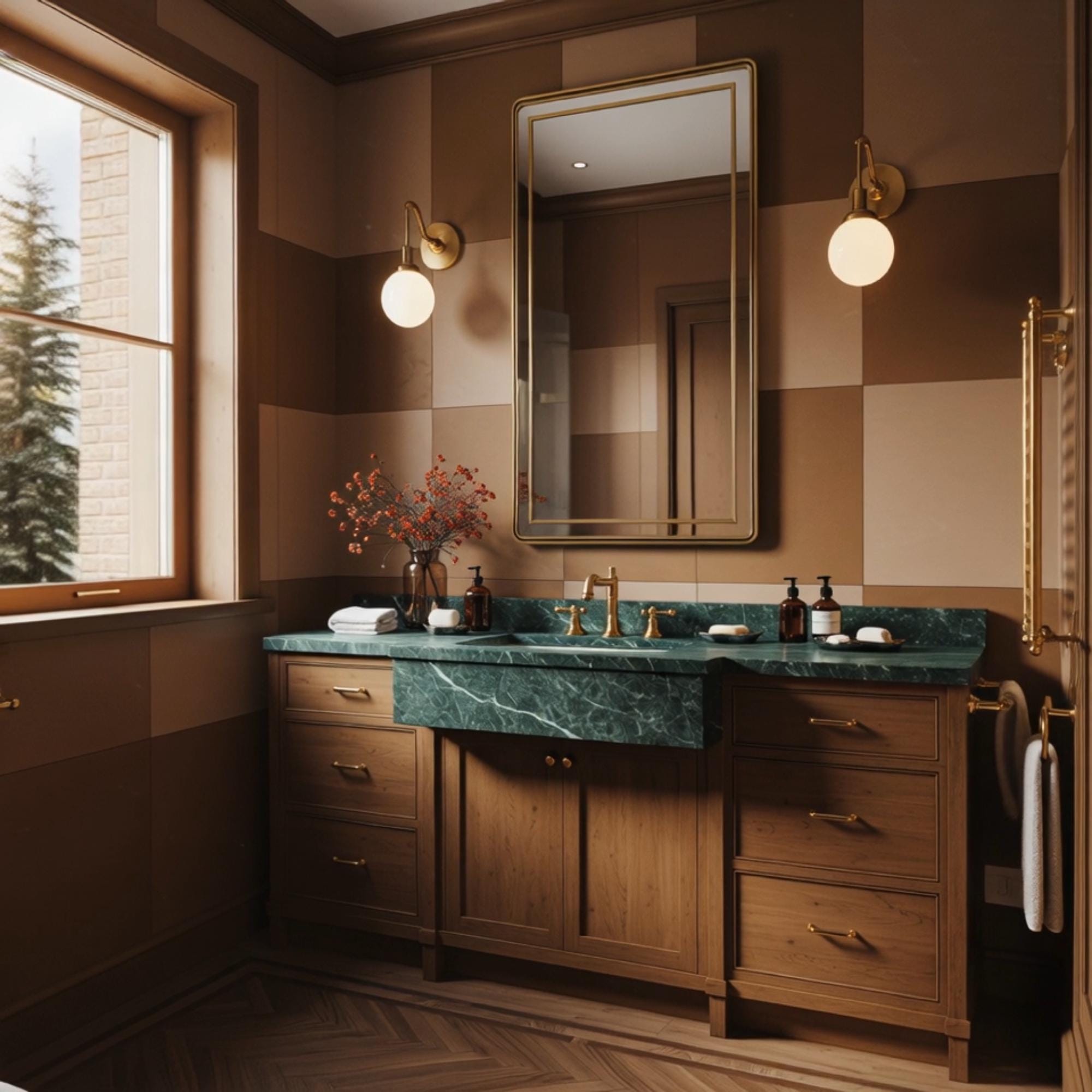 An upscale bathroom vanity featuring bold green marble and fine walnut cabinetry, designed for elevated everyday living.