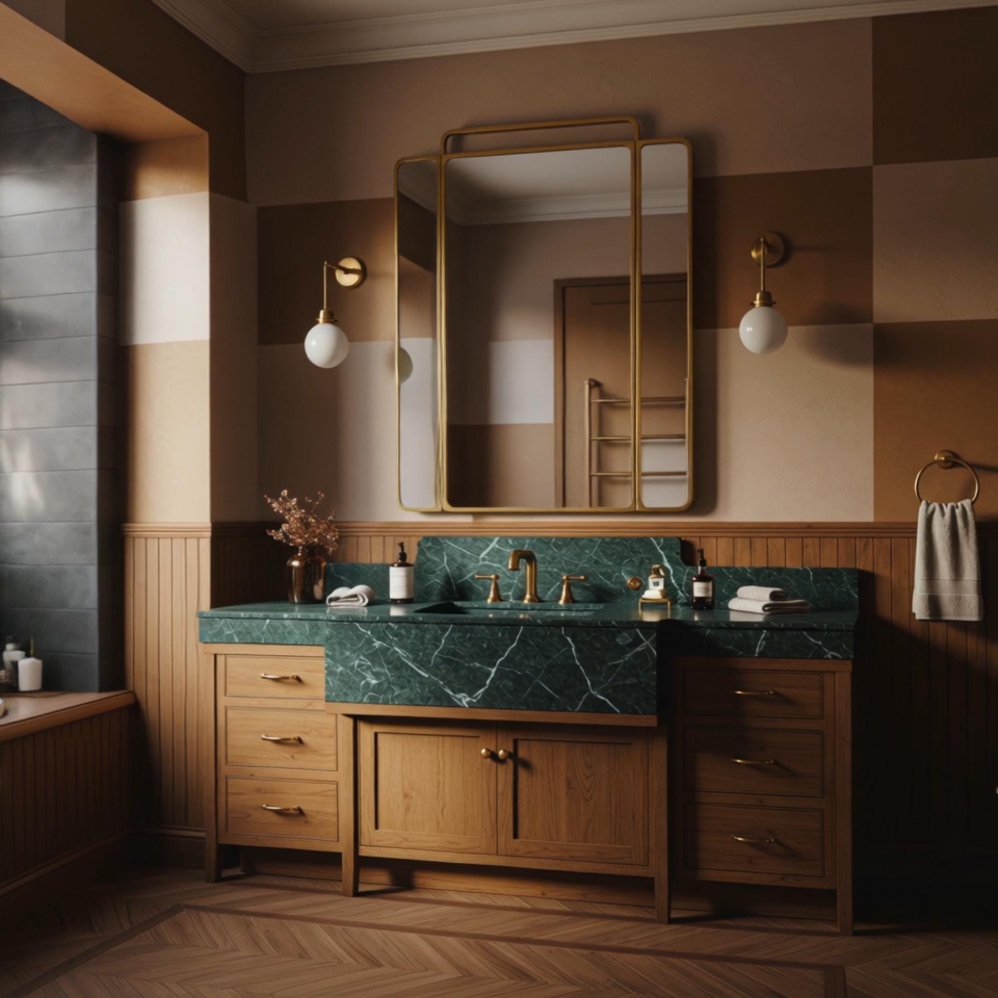 A Verde Guatemala marble bridge vanity paired with oak double pedestals, offering a timeless and architectural bathroom statement.
