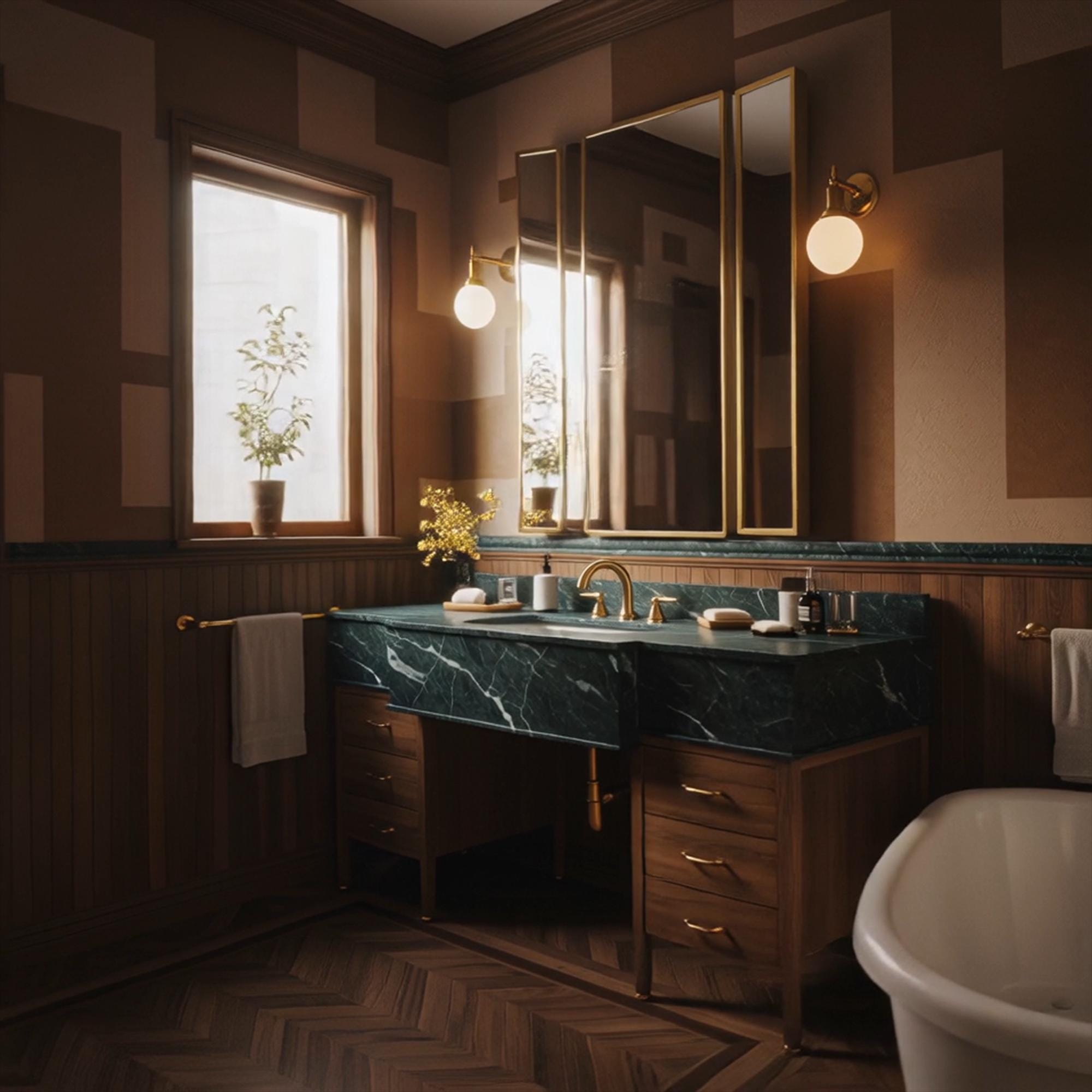 A Verde Guatemala marble bridge vanity crafted from natural stone, featuring rich green tones and a refined walnut cabinet.
