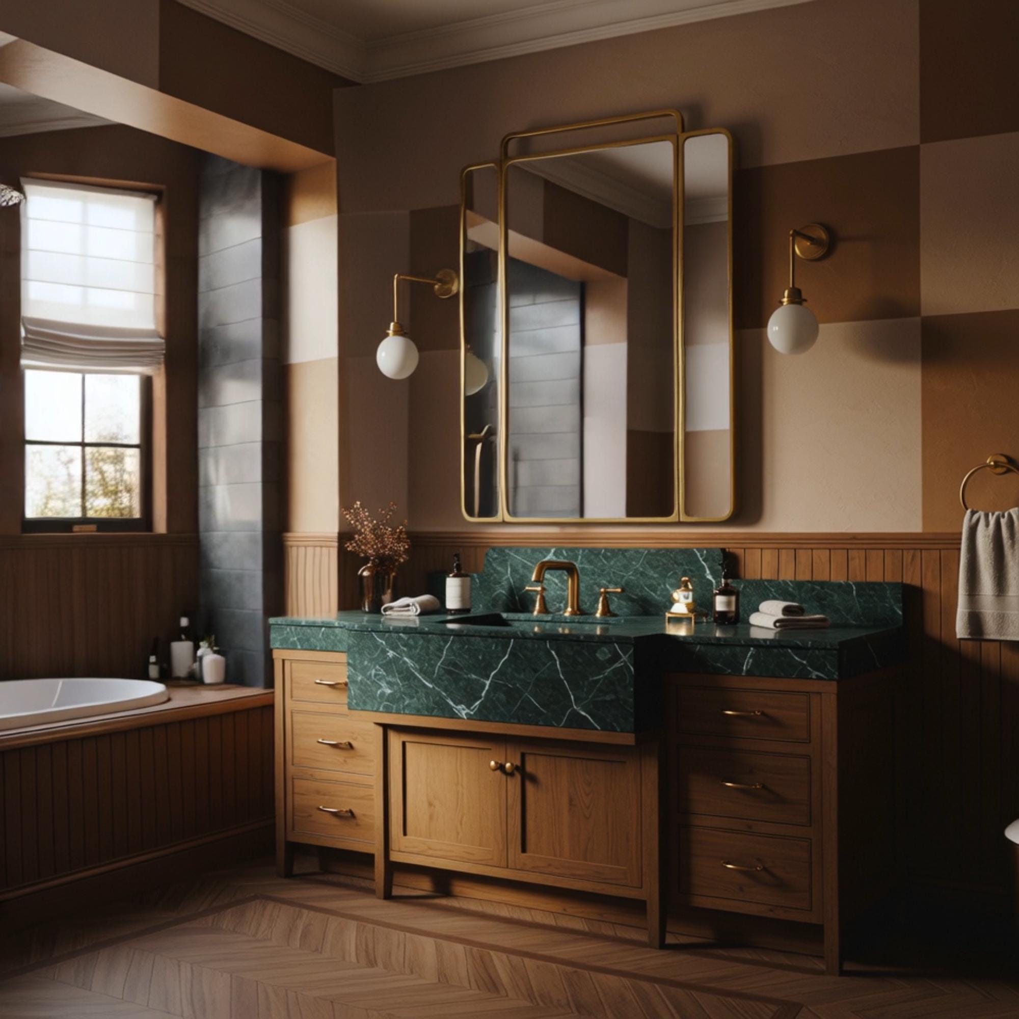 A Verde Guatemala marble bridge vanity crafted from natural stone, featuring rich green tones and an oak double pedestal base.
