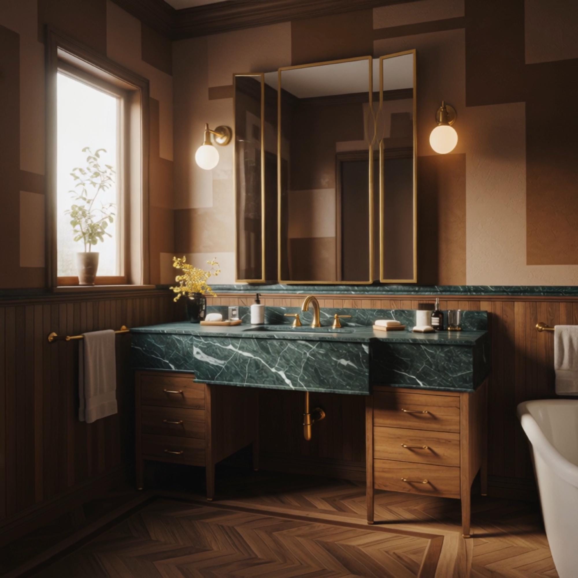 A Verde Guatemala marble bridge vanity paired with a walnut cabinet, offering a timeless and architectural bathroom statement.
