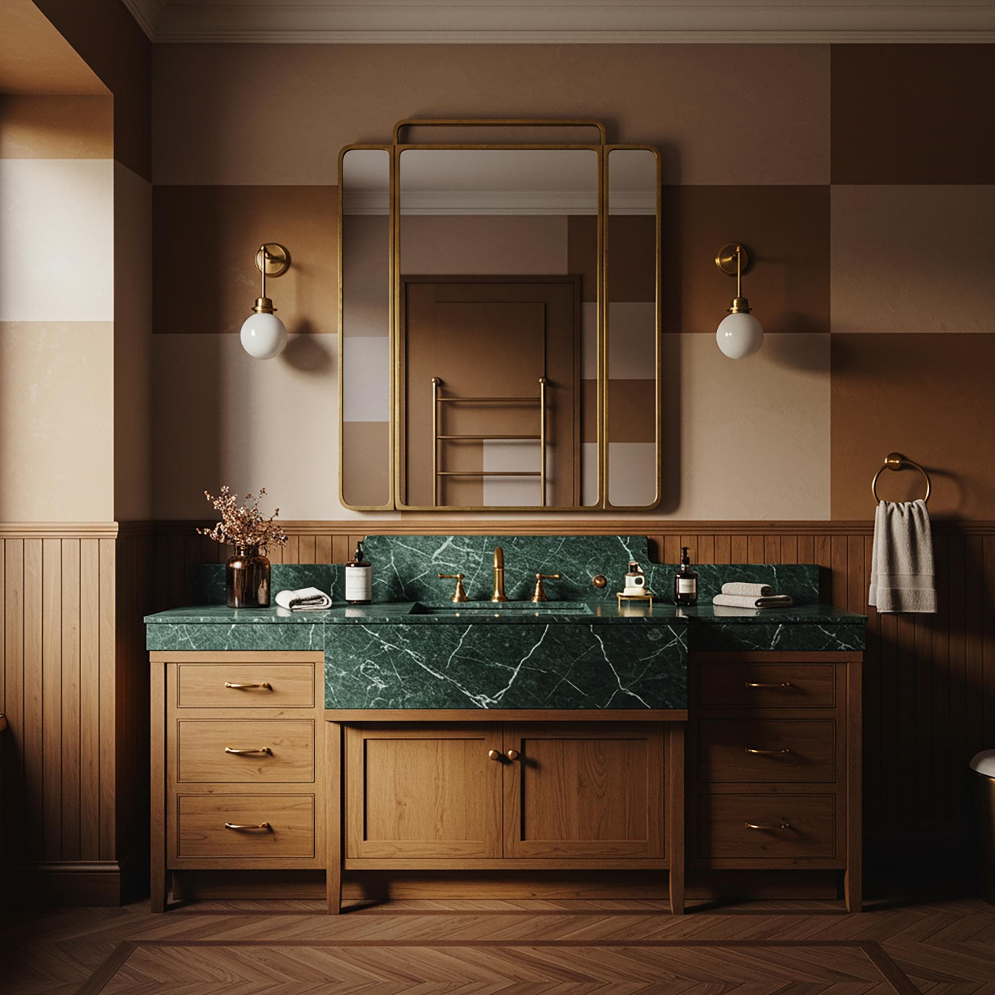 A Verde Guatemala marble bridge vanity with deep green veining, set between oak double pedestals and finished with brass fixtures.
