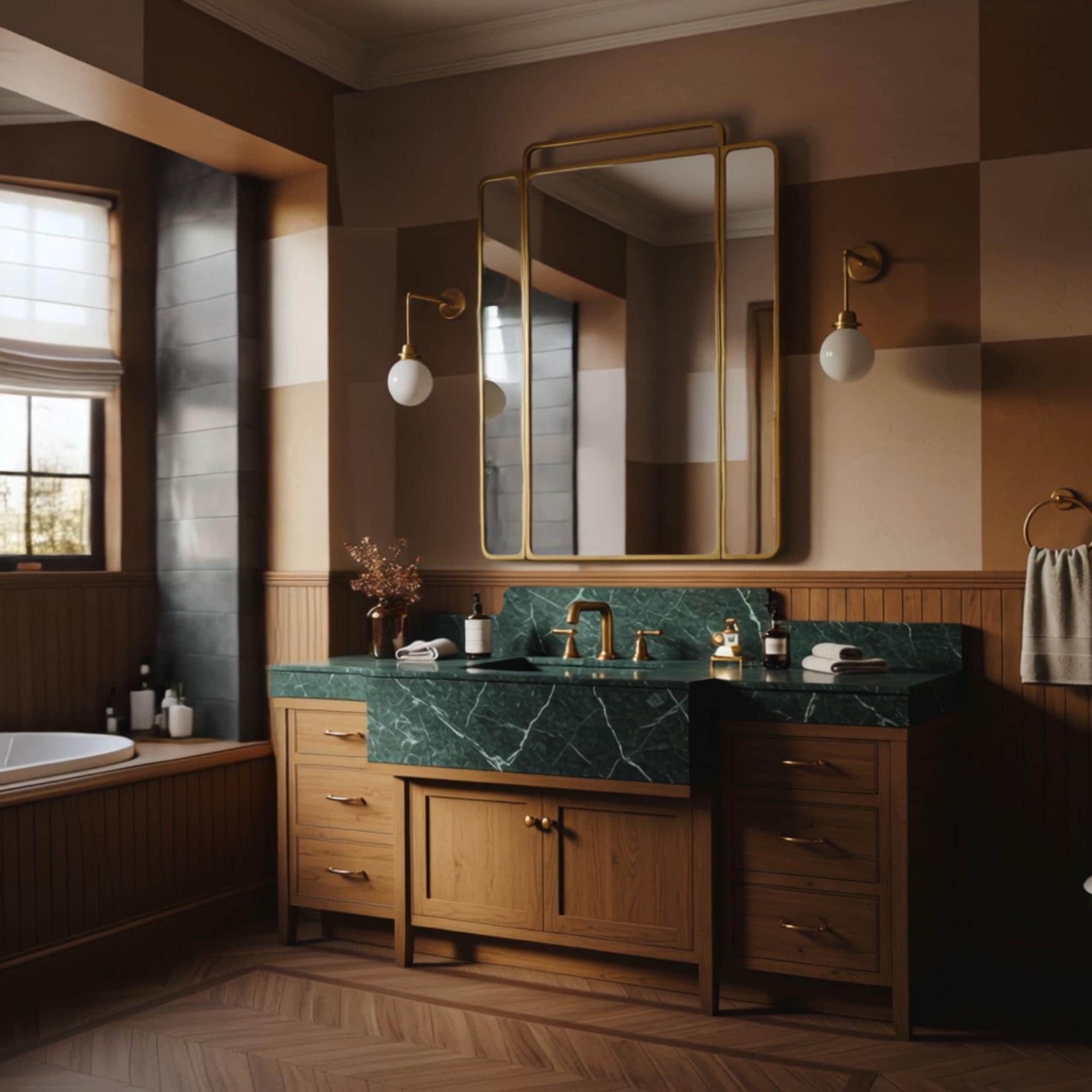 A sculptural Verde Guatemala marble bridge vanity with strong geometry, balanced by warm oak cabinetry and brass details.
