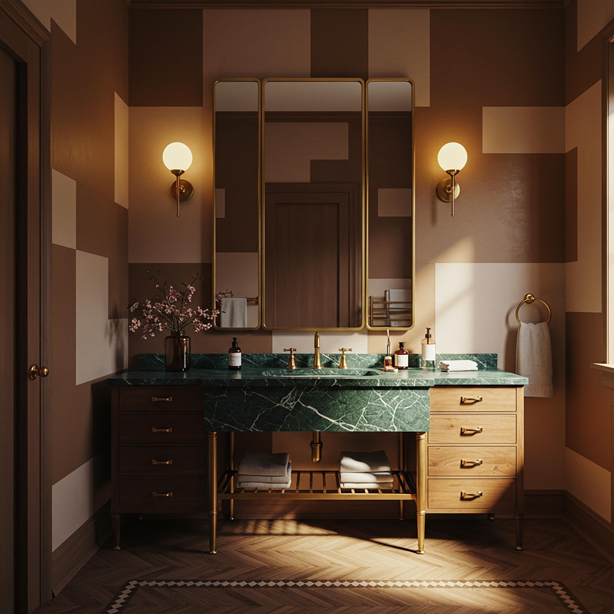 A stunning bridge vanity made of Verde Guatemala marble, complete with walnut drawer towers and a brass towel rack.