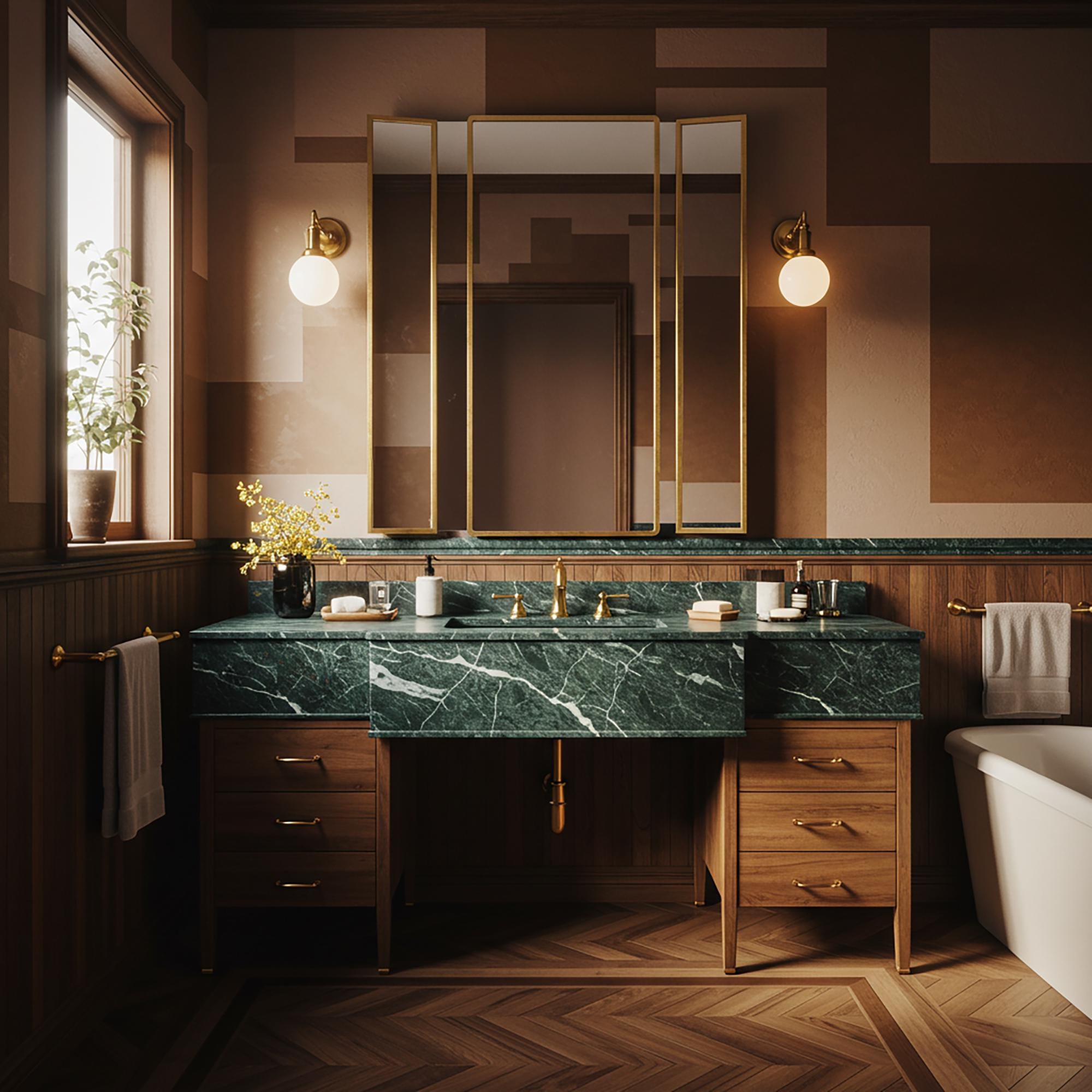 A Verde Guatemala marble bridge vanity with deep green veining, paired with a walnut cabinet and brass fixtures in a warm, elegant bathroom.
