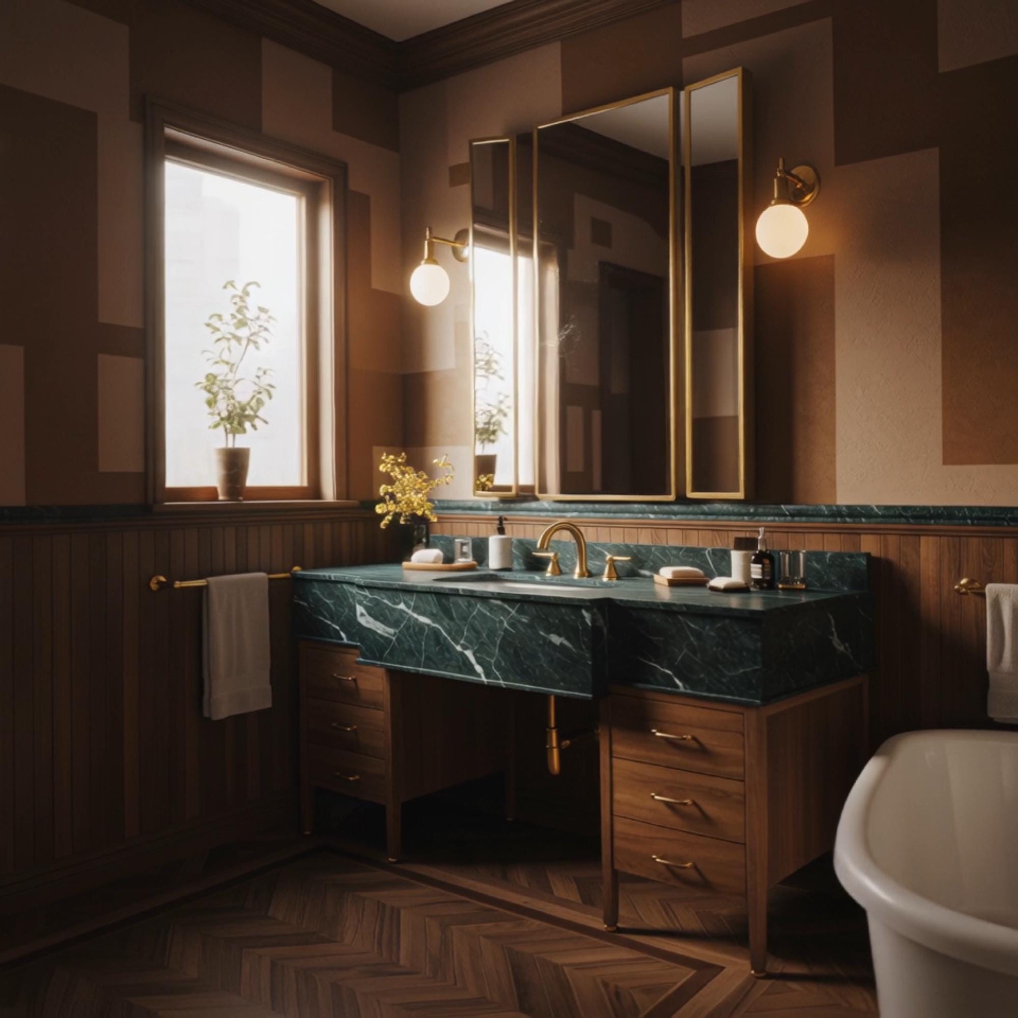 A sculptural Verde Guatemala marble bridge vanity with strong geometry, balanced by warm walnut cabinetry and brass accents.
