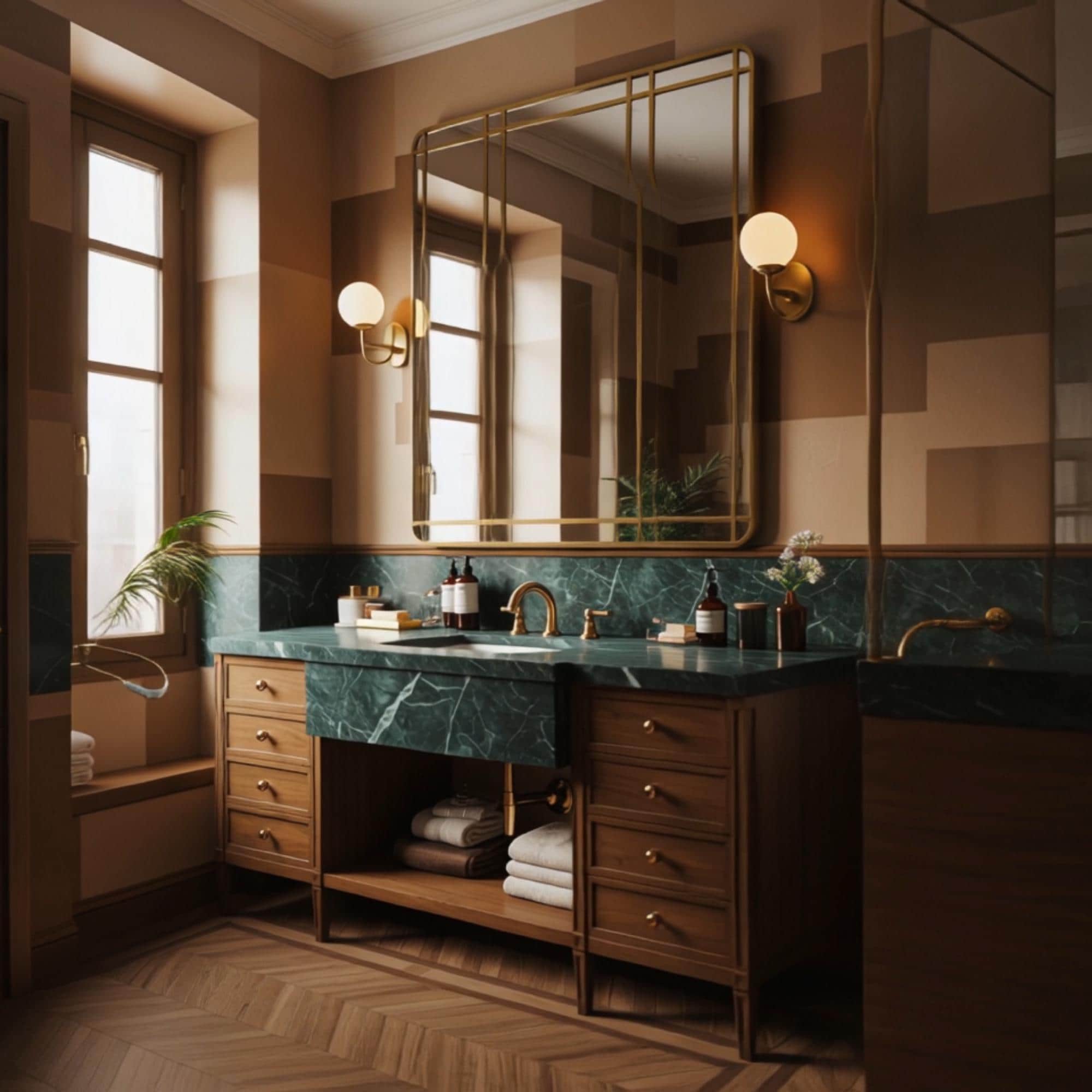 Verde Guatemala Marble Estate Vanity in American Walnut; high-end bathroom furniture featuring natural stone textures and master-grade wood craftsmanship.