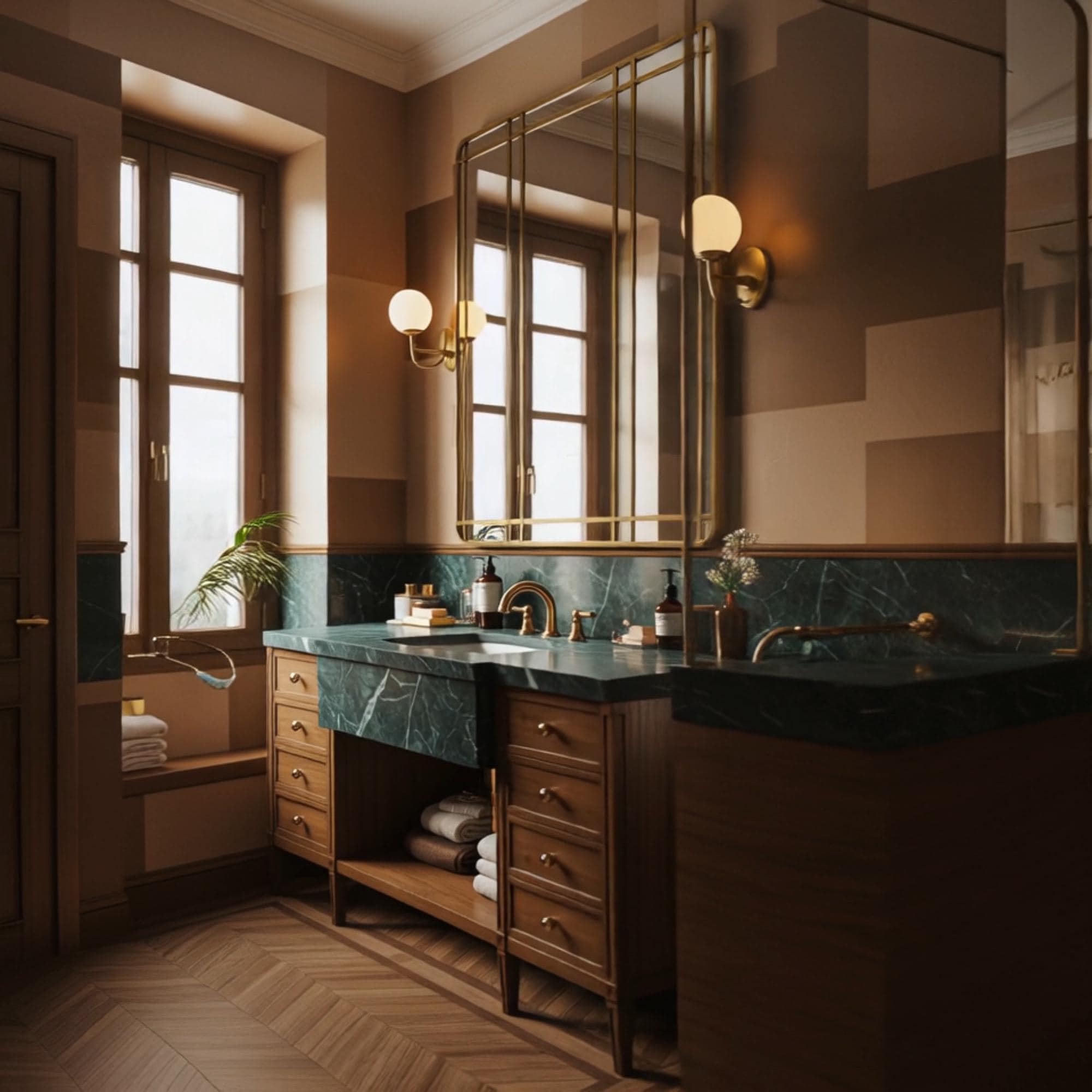 A luxurious primary bathroom centerpiece: the Verde Guatemala marble vanity with artisanal walnut wood detailing and gold fixtures, creating a timeless sanctuary of elegance.