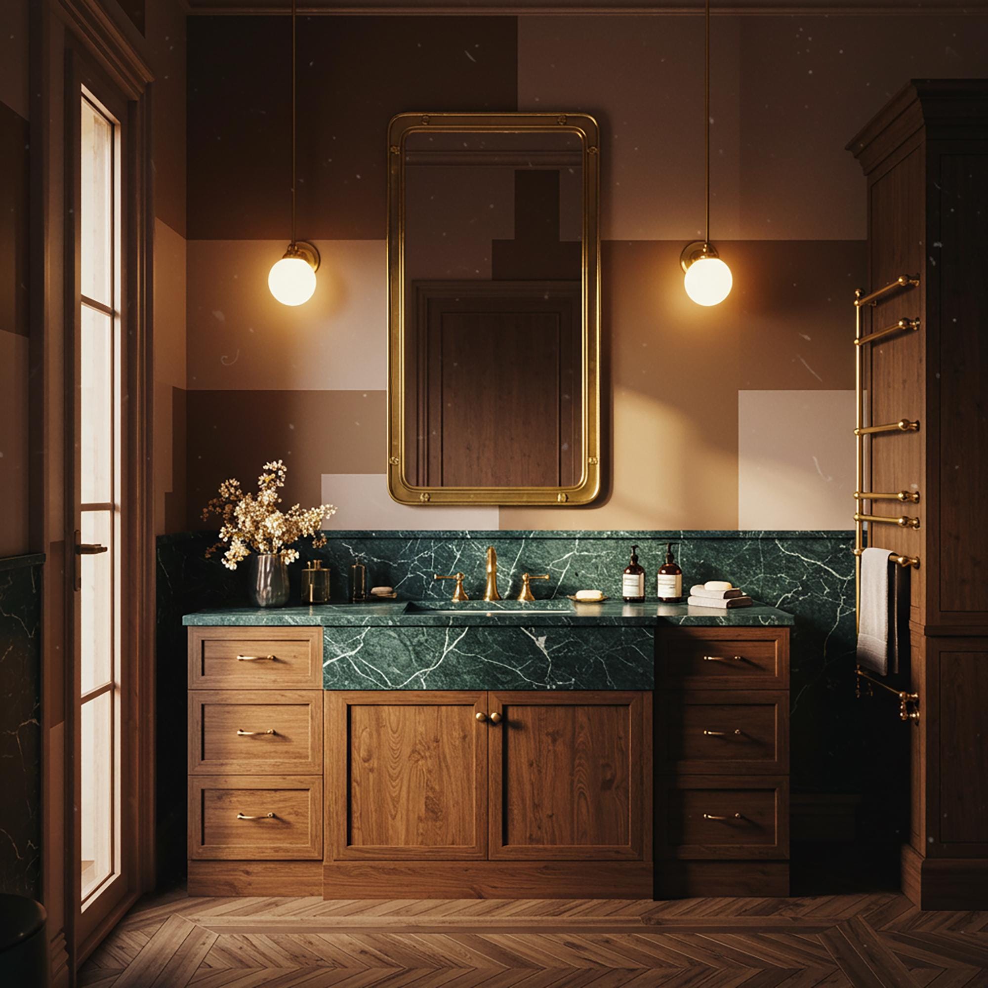 A sophisticated estate vanity combining Verde Guatemala marble and natural oak cabinetry, designed for timeless elegance.