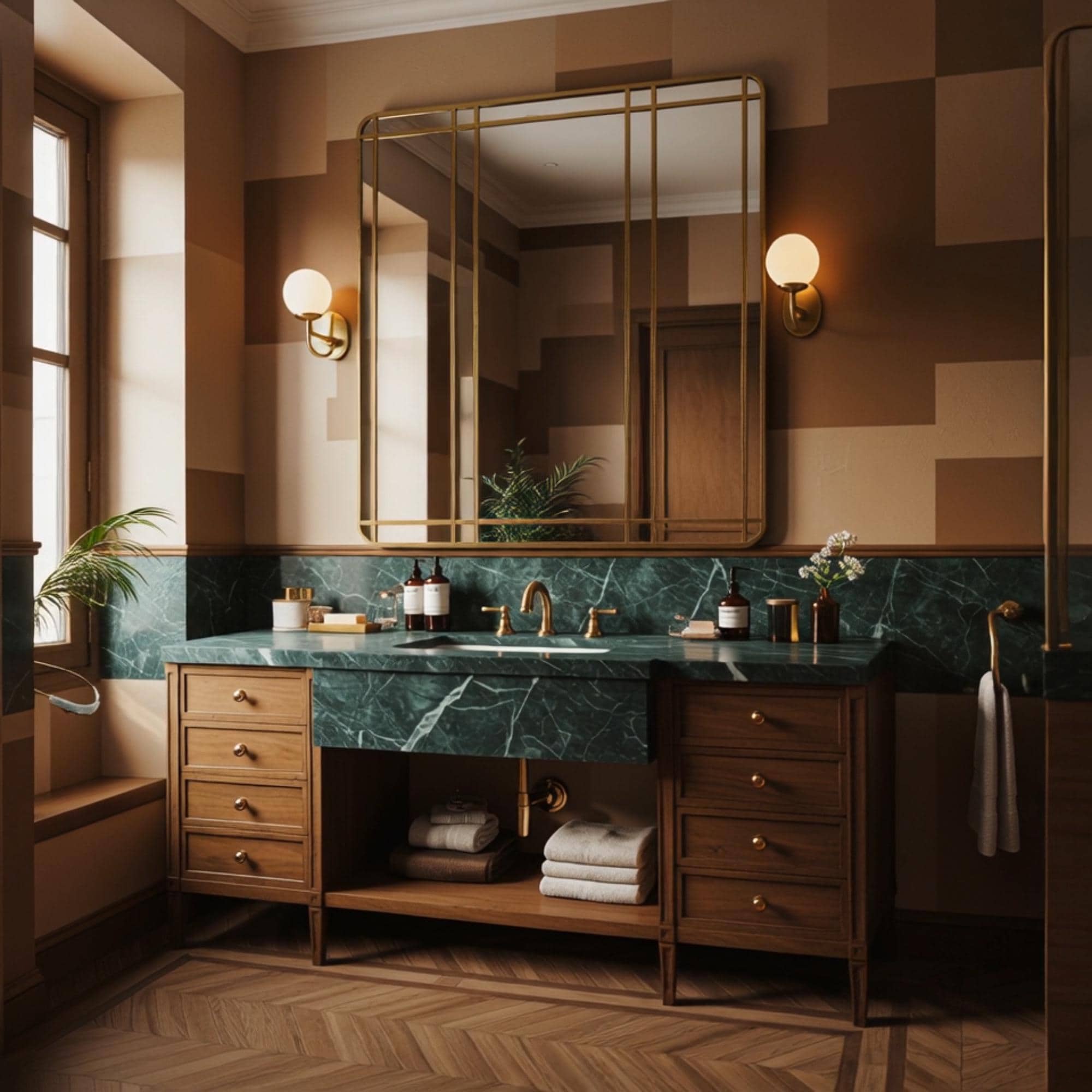 Premium Verde Guatemala marble and walnut wood estate vanity, embodying the pinnacle of luxury bathroom interior design.