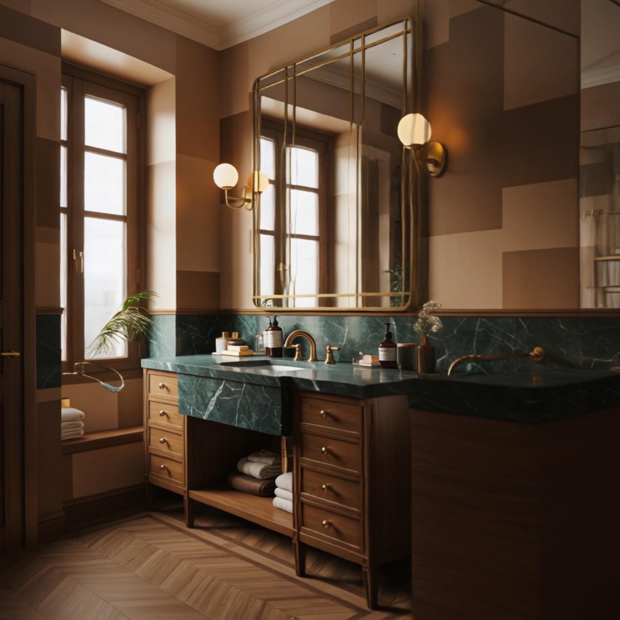 Bespoke bathroom design showcasing a custom-integrated Verde Guatemala marble sink atop a premium walnut vanity cabinet with an open-concept display shelf.