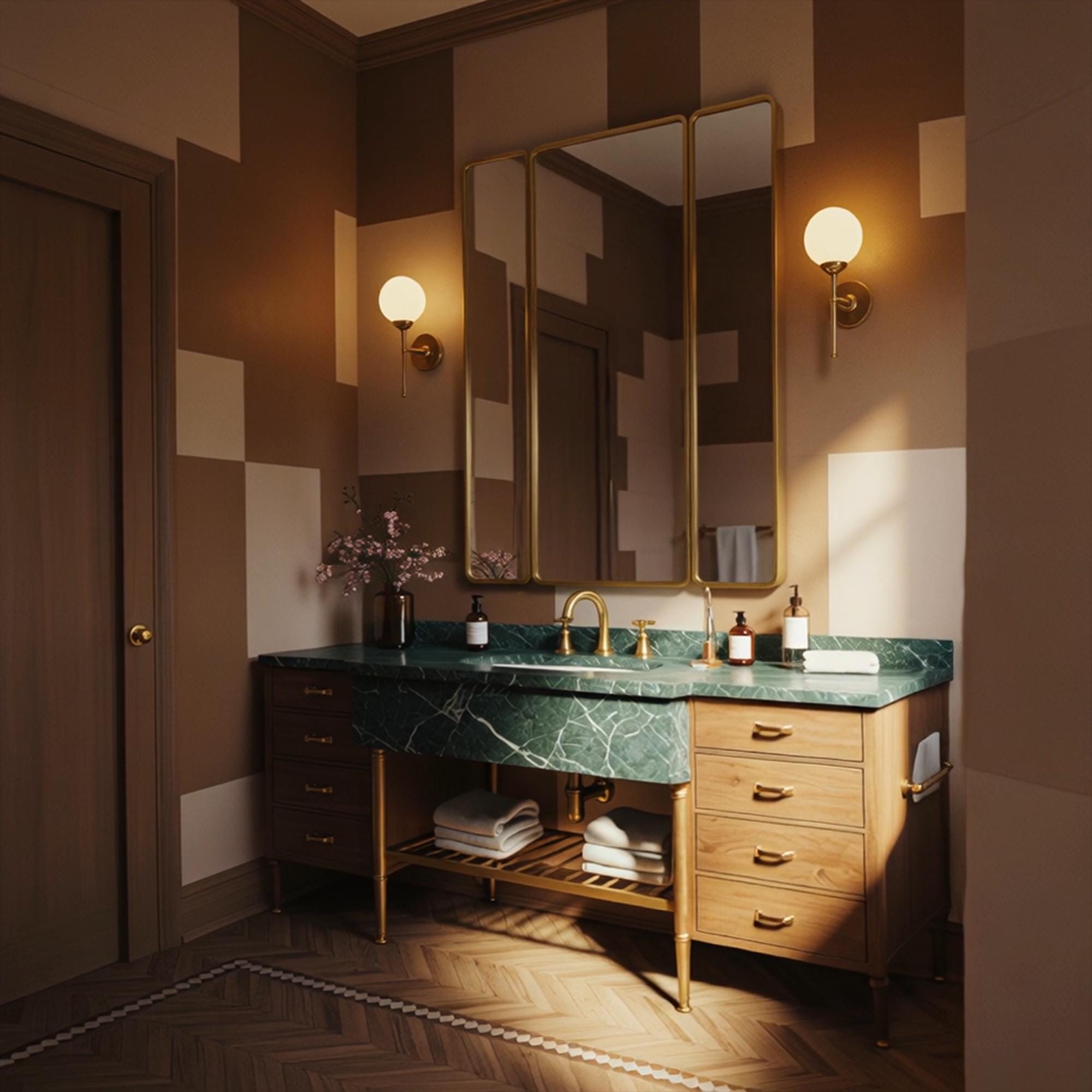 An elegant bathroom vanity crafted with Verde Guatemala marble, walnut towers, and brass accents for a refined finish.