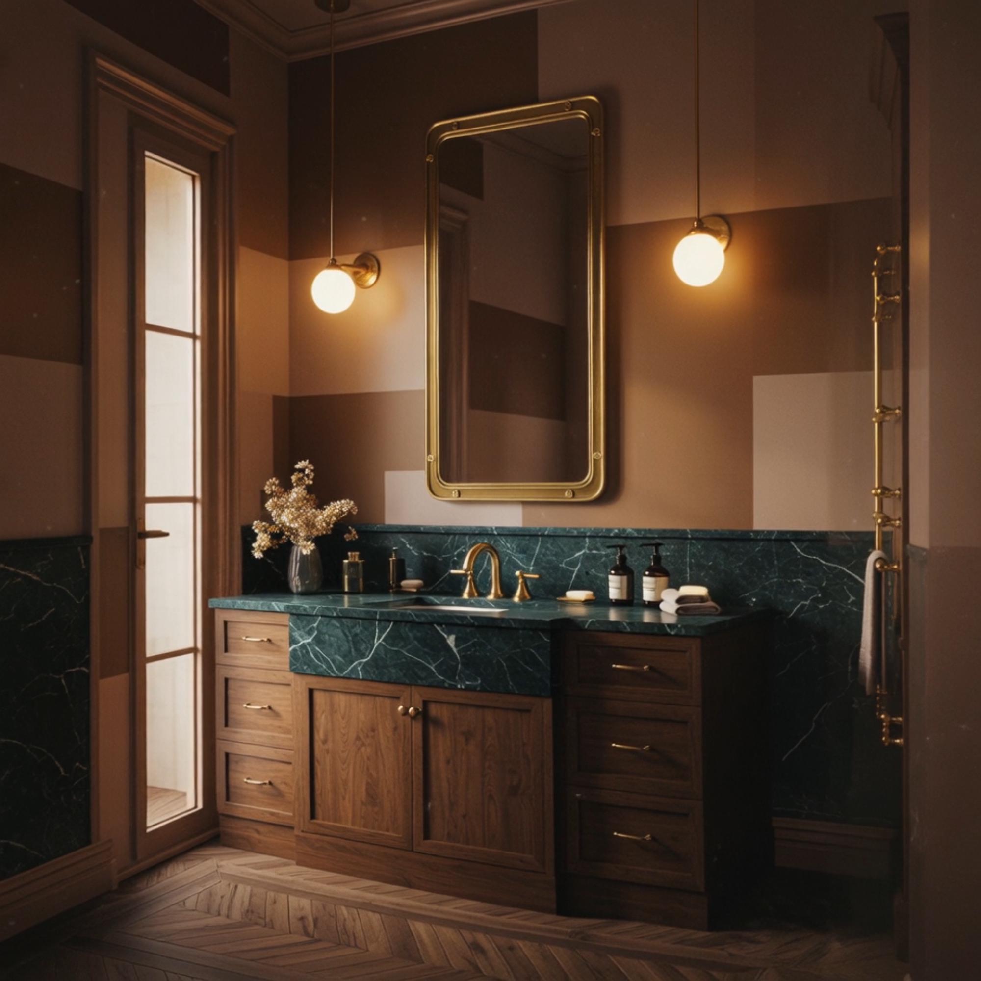 A luxurious estate vanity with rich Verde Guatemala marble and functional oak storage, perfect for refined living spaces.