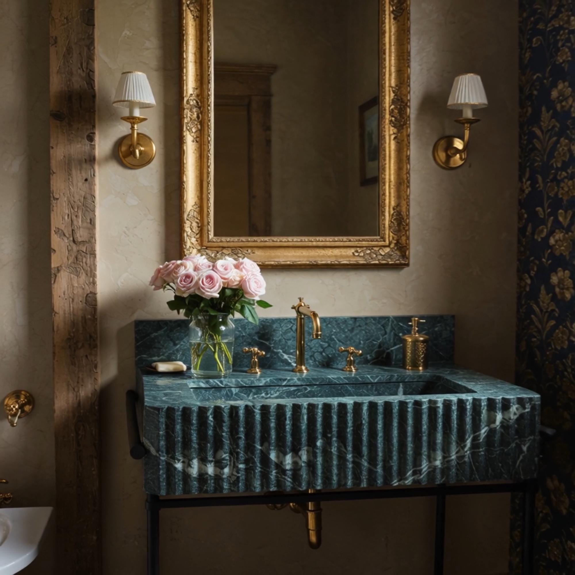 A fluted Verde Guatemala marble vanity with black metal legs and brass fixtures, crafted for refined, opulent spaces.