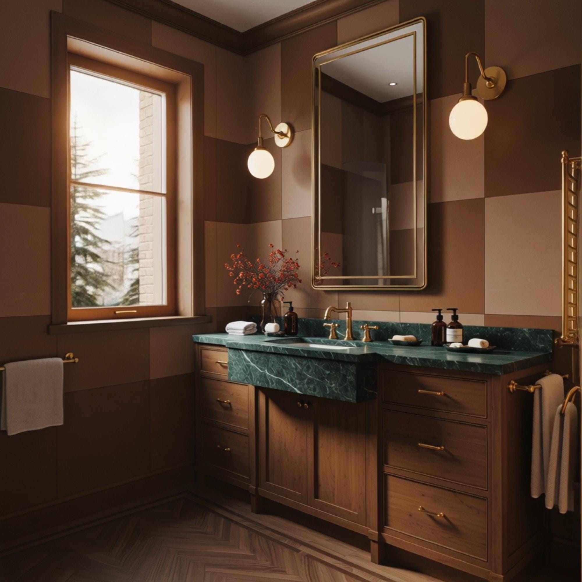 A double-sink vanity crafted from Verde Guatemala marble and warm walnut, perfect for refined, high-end bathrooms.
