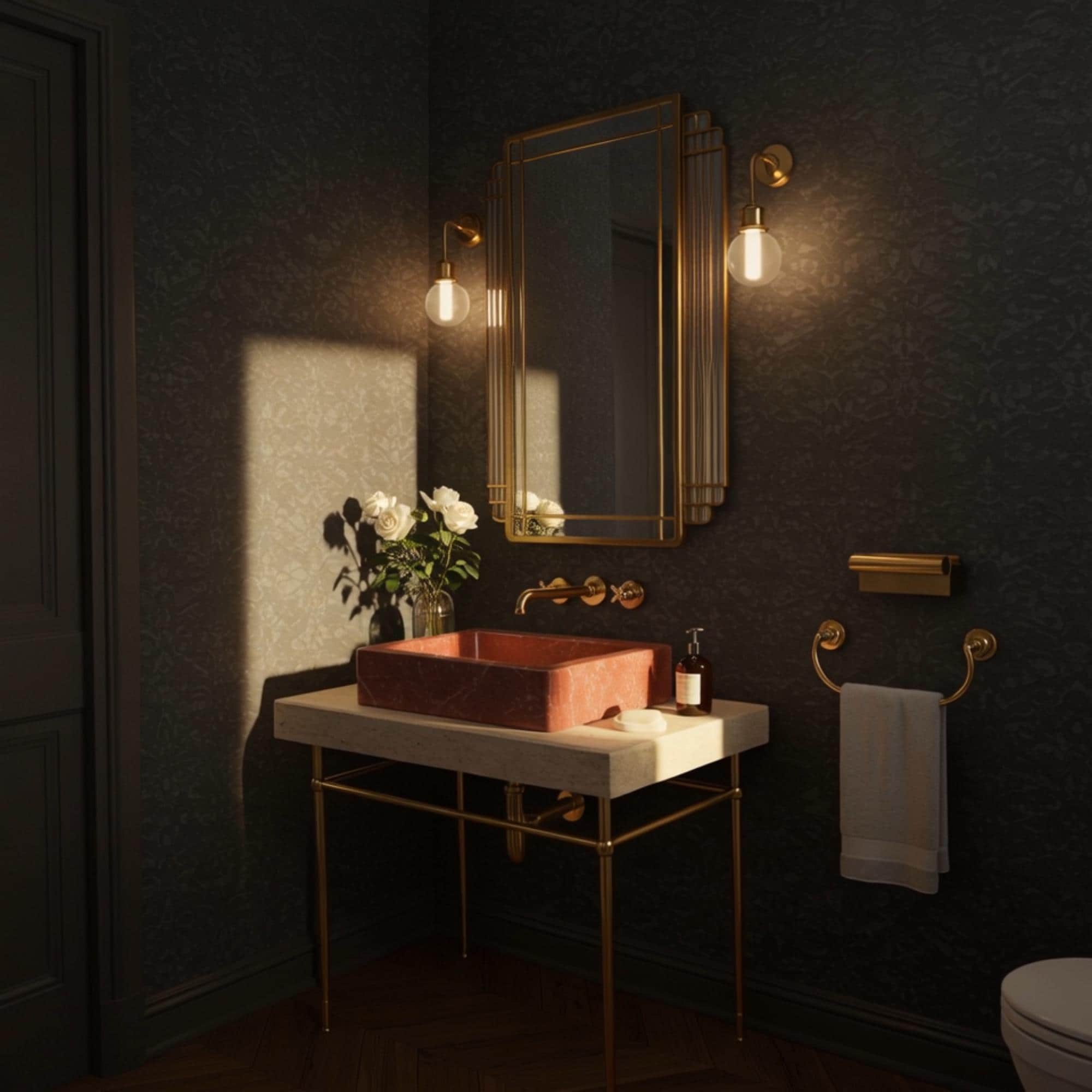 An elegant vessel sink made of Rosso Levanto marble with brass accents, ideal for high-end bathroom aesthetics.