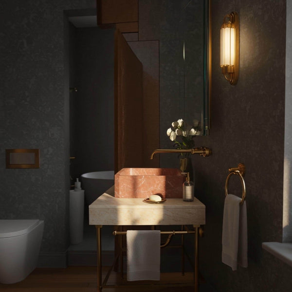 Rosso Levanto Marble Vessel Sink on Travertine Console (Brass Stand with Towel Bar) M9M74 hover